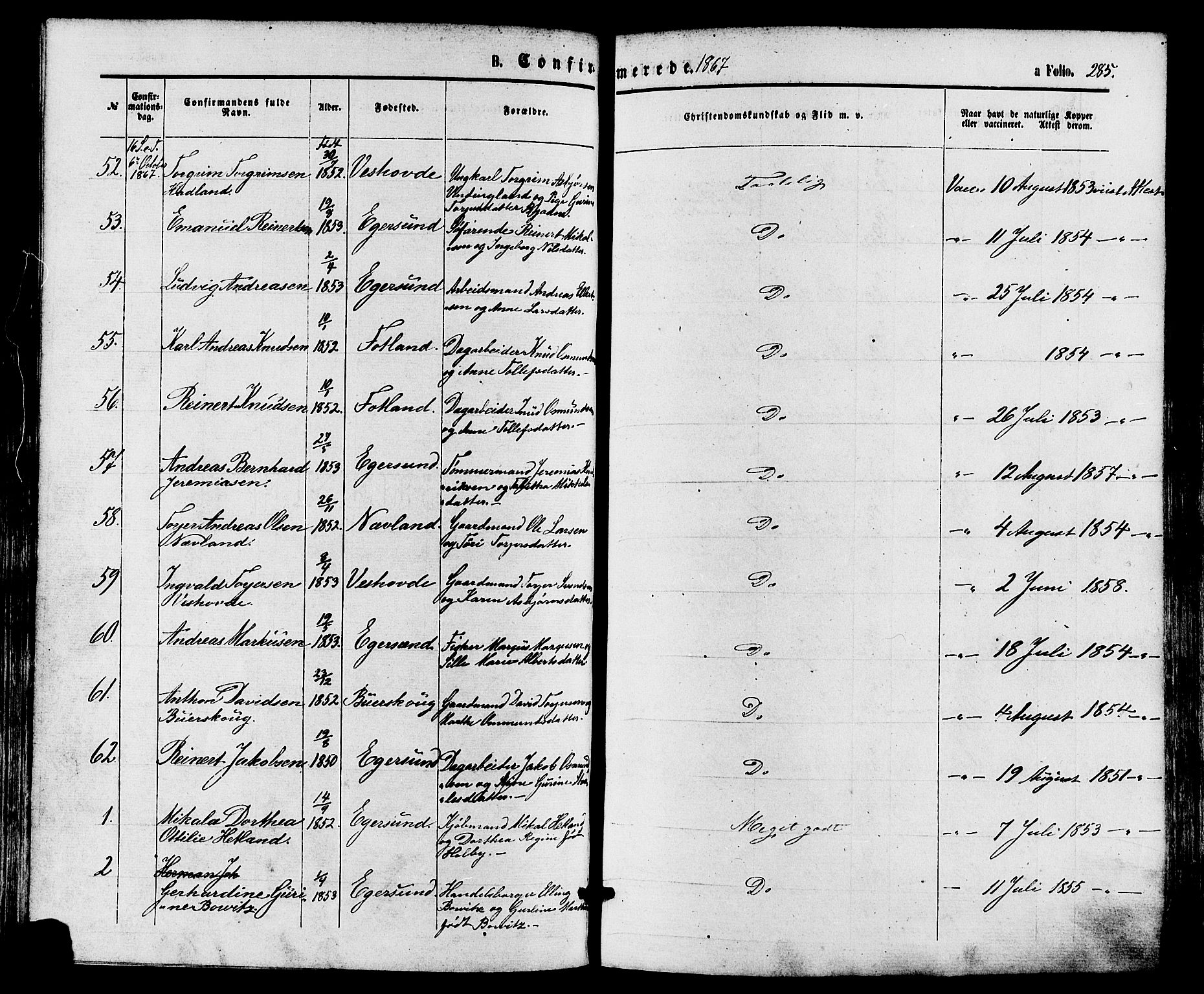 Eigersund sokneprestkontor, AV/SAST-A-101807/S08/L0014: Parish register (official) no. A 13, 1866-1878, p. 285