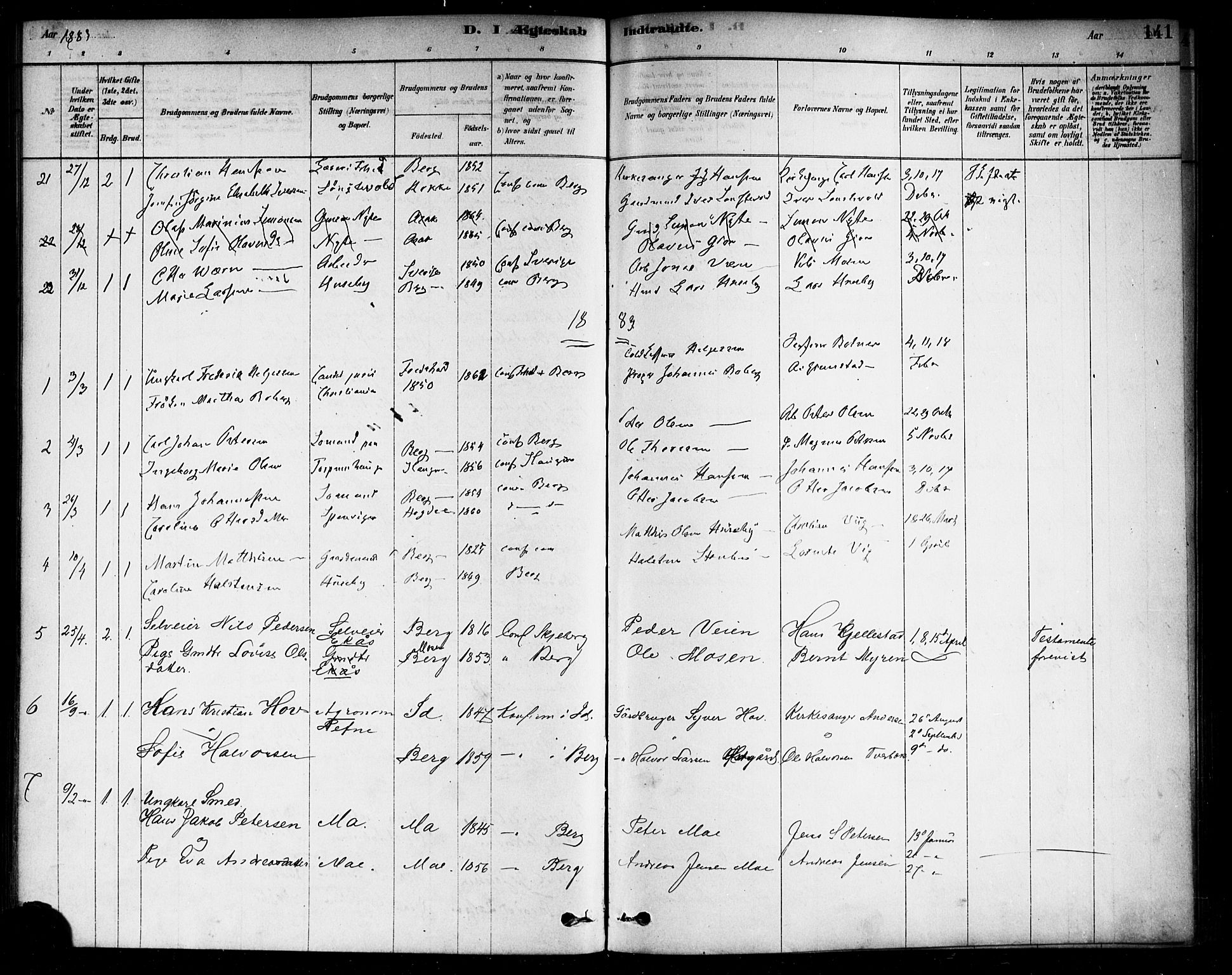 Berg prestekontor Kirkebøker, AV/SAO-A-10902/F/Fa/L0006: Parish register (official) no. I 6, 1878-1887, p. 141