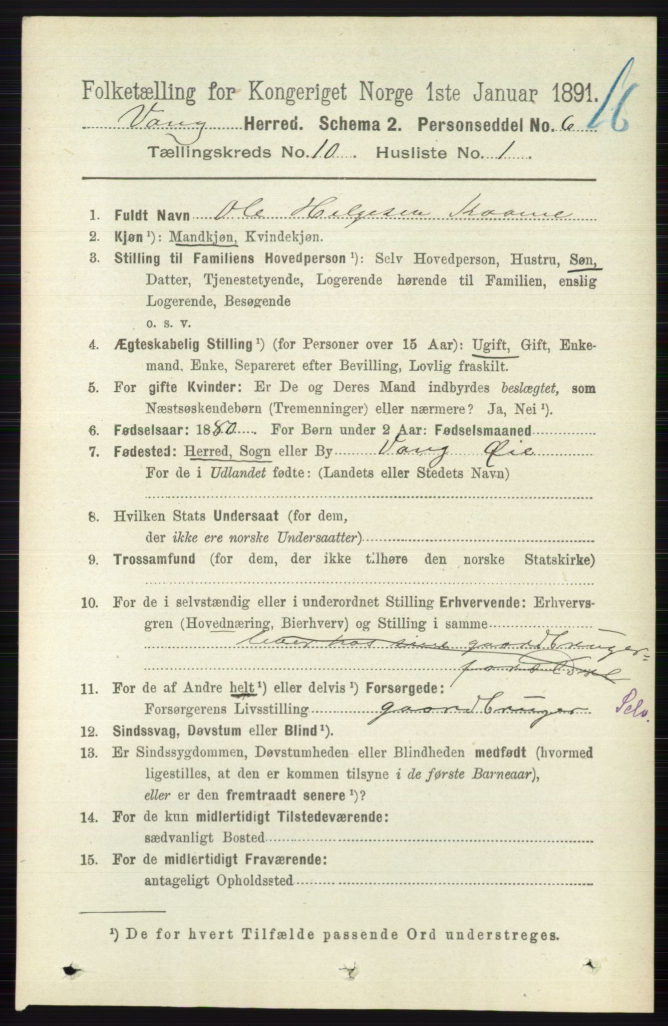 RA, 1891 census for 0545 Vang, 1891, p. 2182