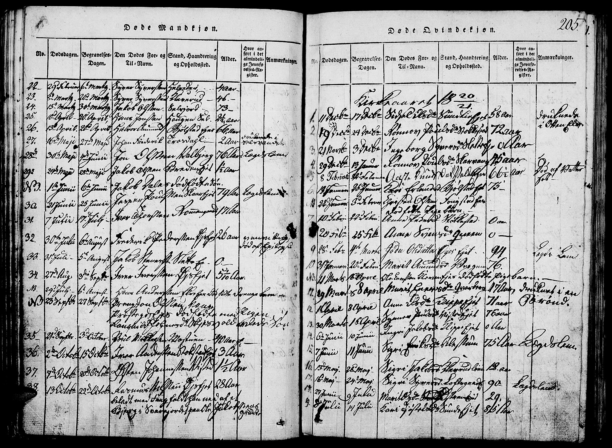 Vågå prestekontor, SAH/PREST-076/H/Ha/Hab/L0001: Parish register (copy) no. 1, 1815-1827, p. 204-205
