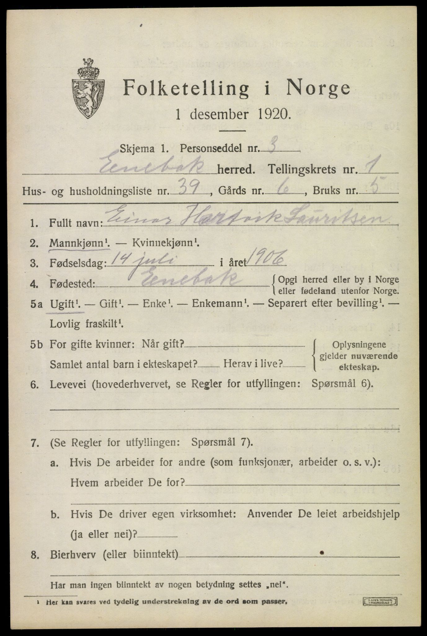 SAO, 1920 census for Enebakk, 1920, p. 1545
