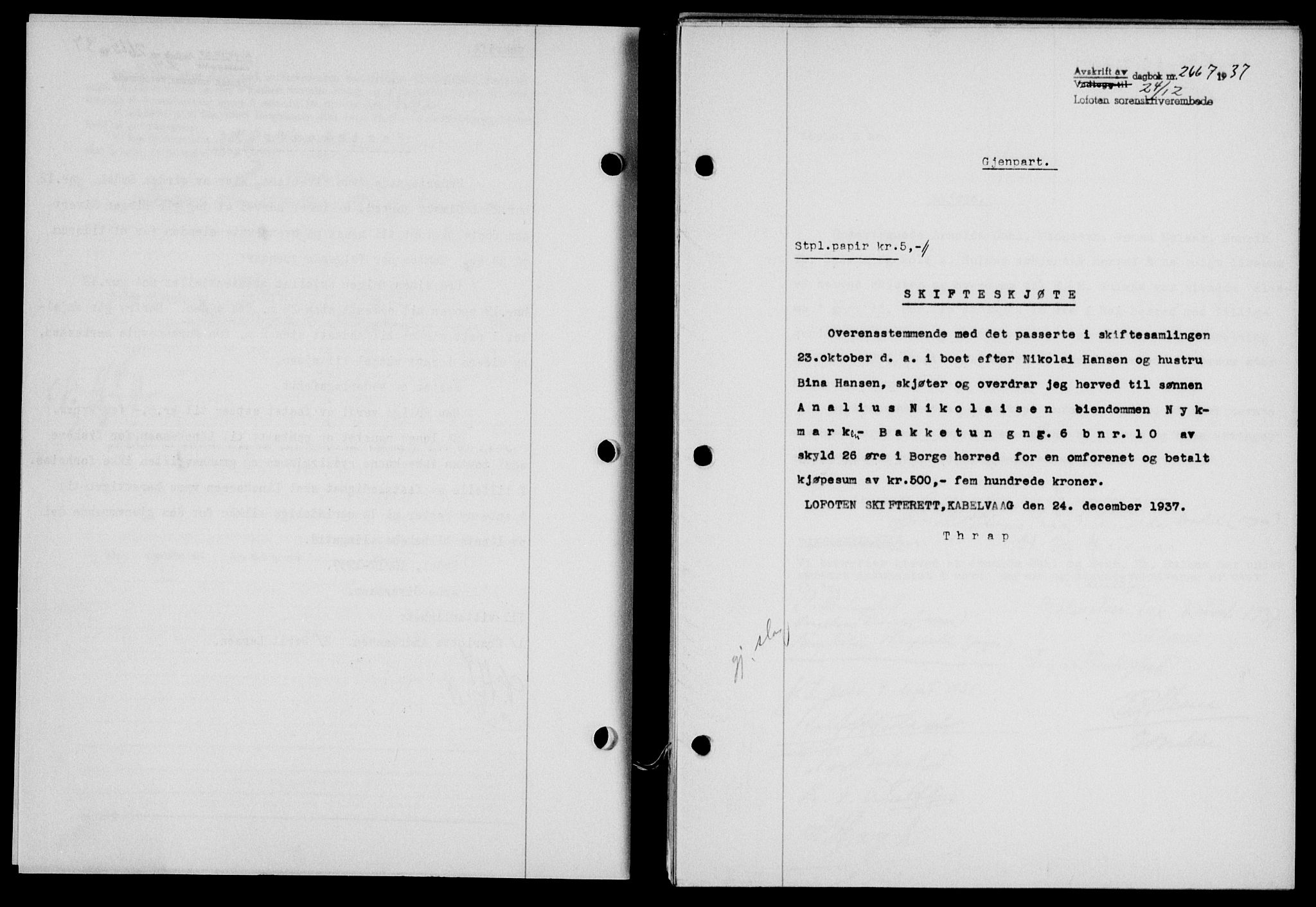 Lofoten sorenskriveri, SAT/A-0017/1/2/2C/L0003a: Mortgage book no. 3a, 1937-1938, Diary no: : 2667/1937