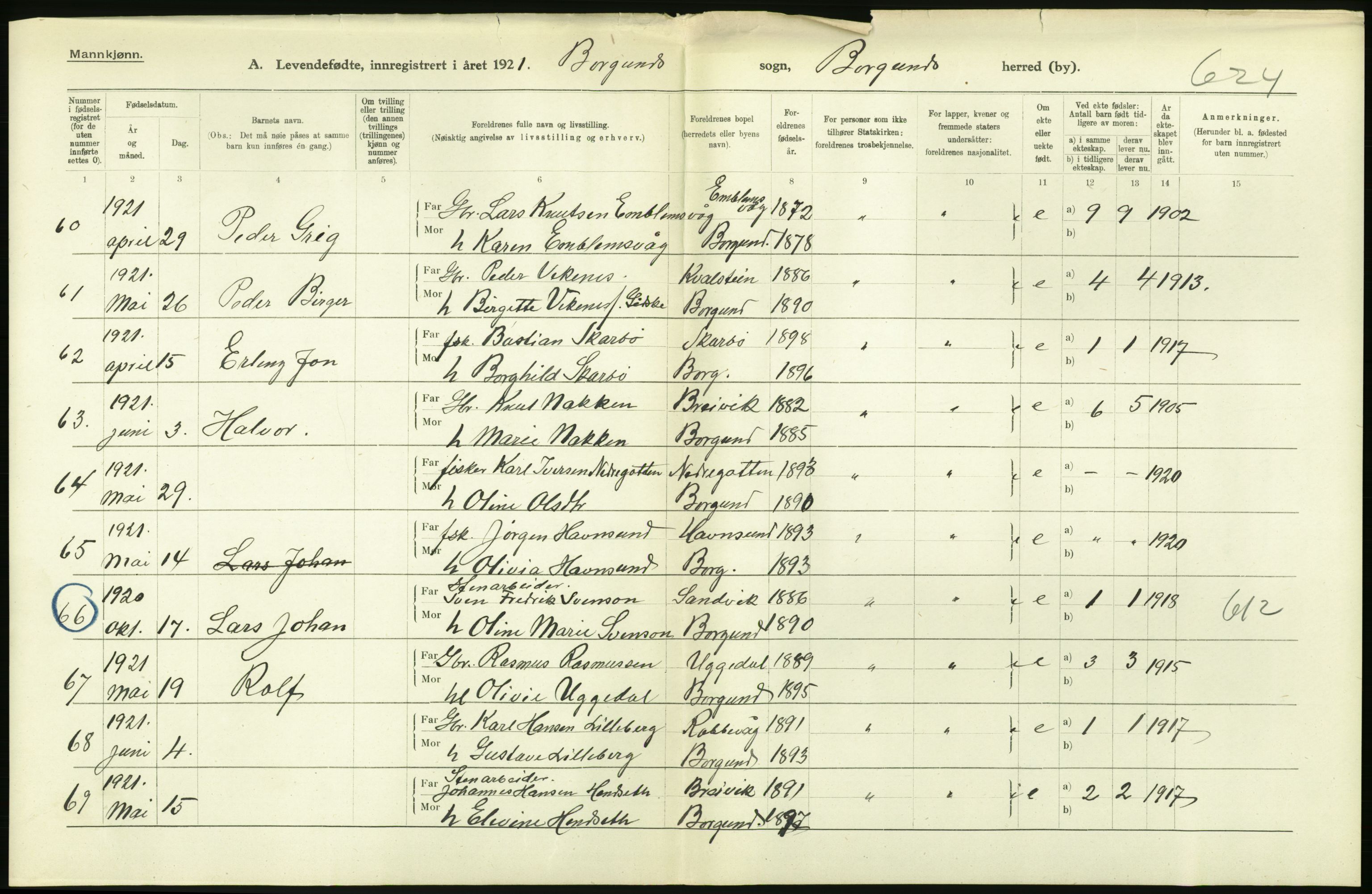 Statistisk sentralbyrå, Sosiodemografiske emner, Befolkning, AV/RA-S-2228/D/Df/Dfc/Dfca/L0040: Møre fylke: Levendefødte menn og kvinner. Bygder., 1921, p. 132