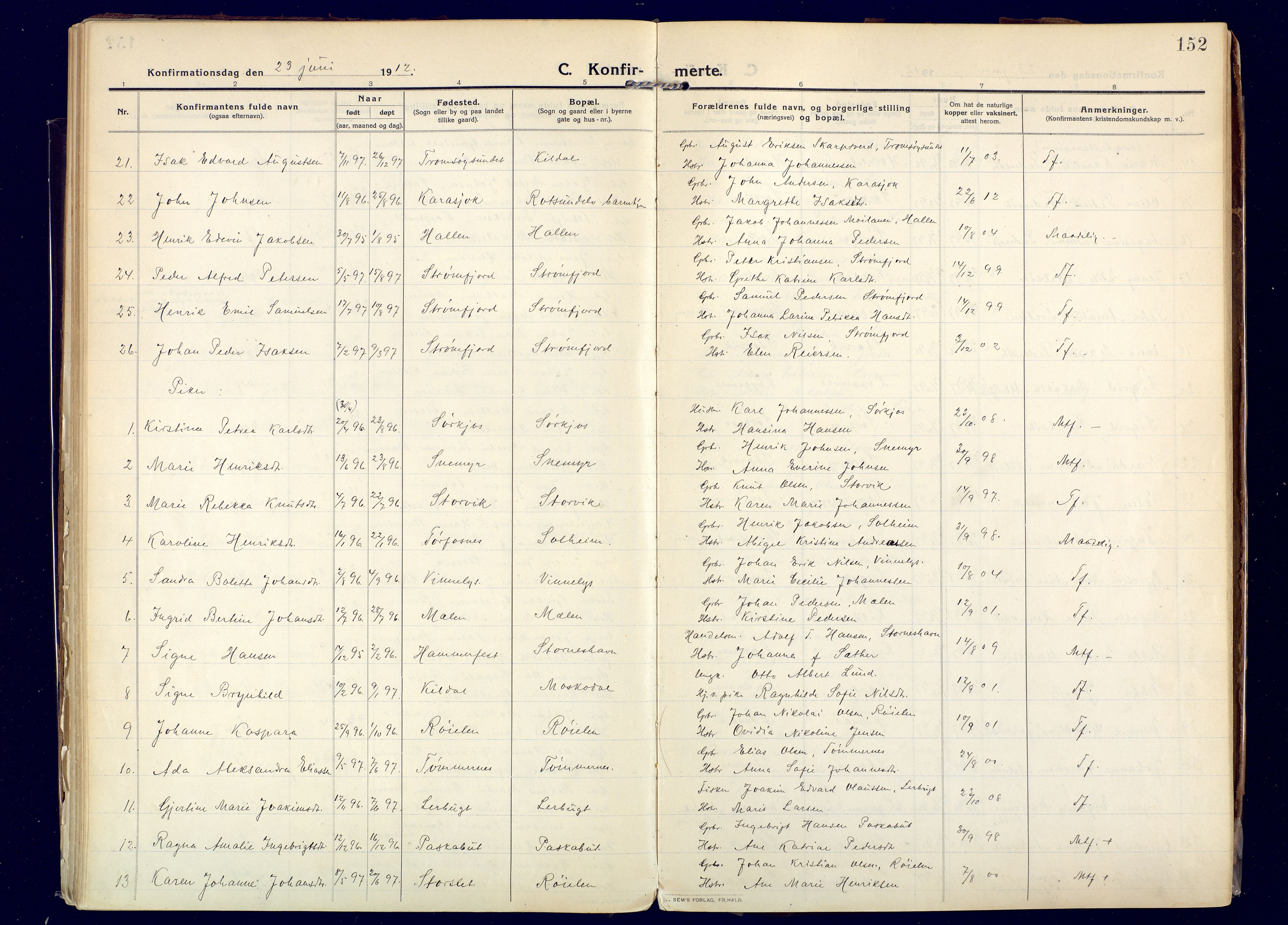 Skjervøy sokneprestkontor, AV/SATØ-S-1300/H/Ha/Haa: Parish register (official) no. 20, 1911-1931, p. 152