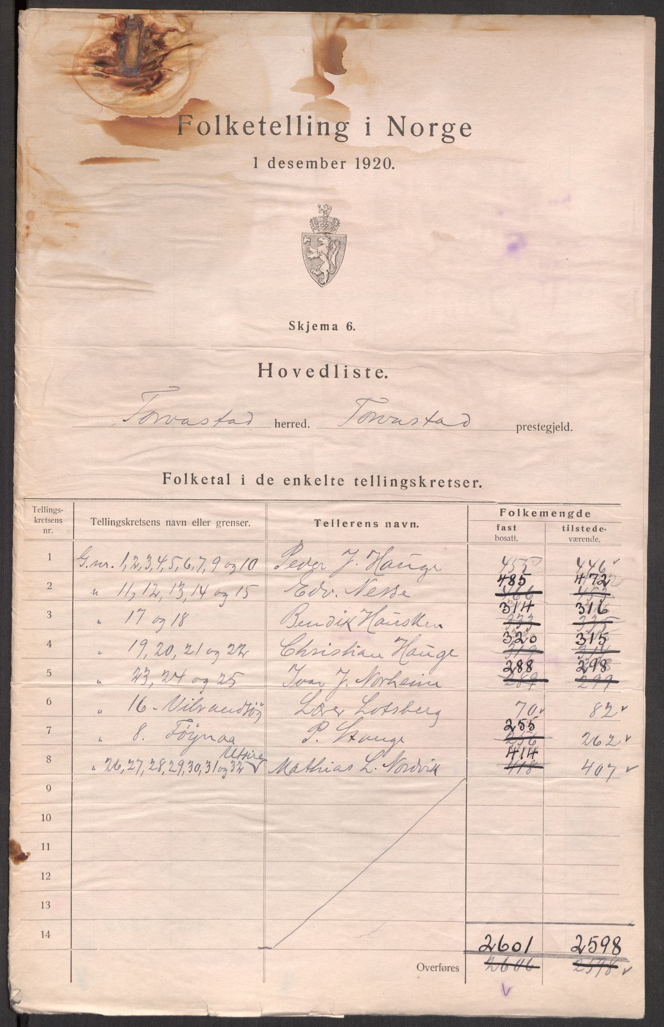 SAST, 1920 census for Torvastad, 1920, p. 6