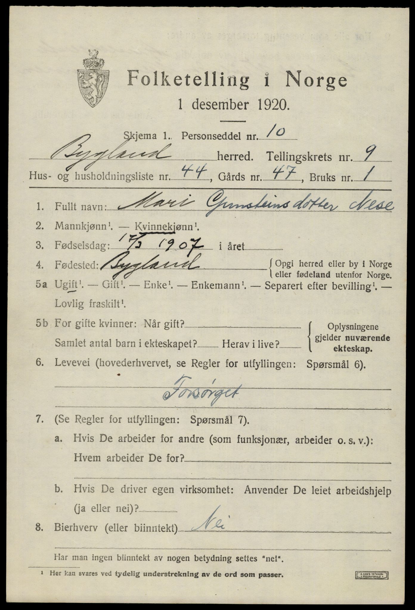 SAK, 1920 census for Bygland, 1920, p. 3699