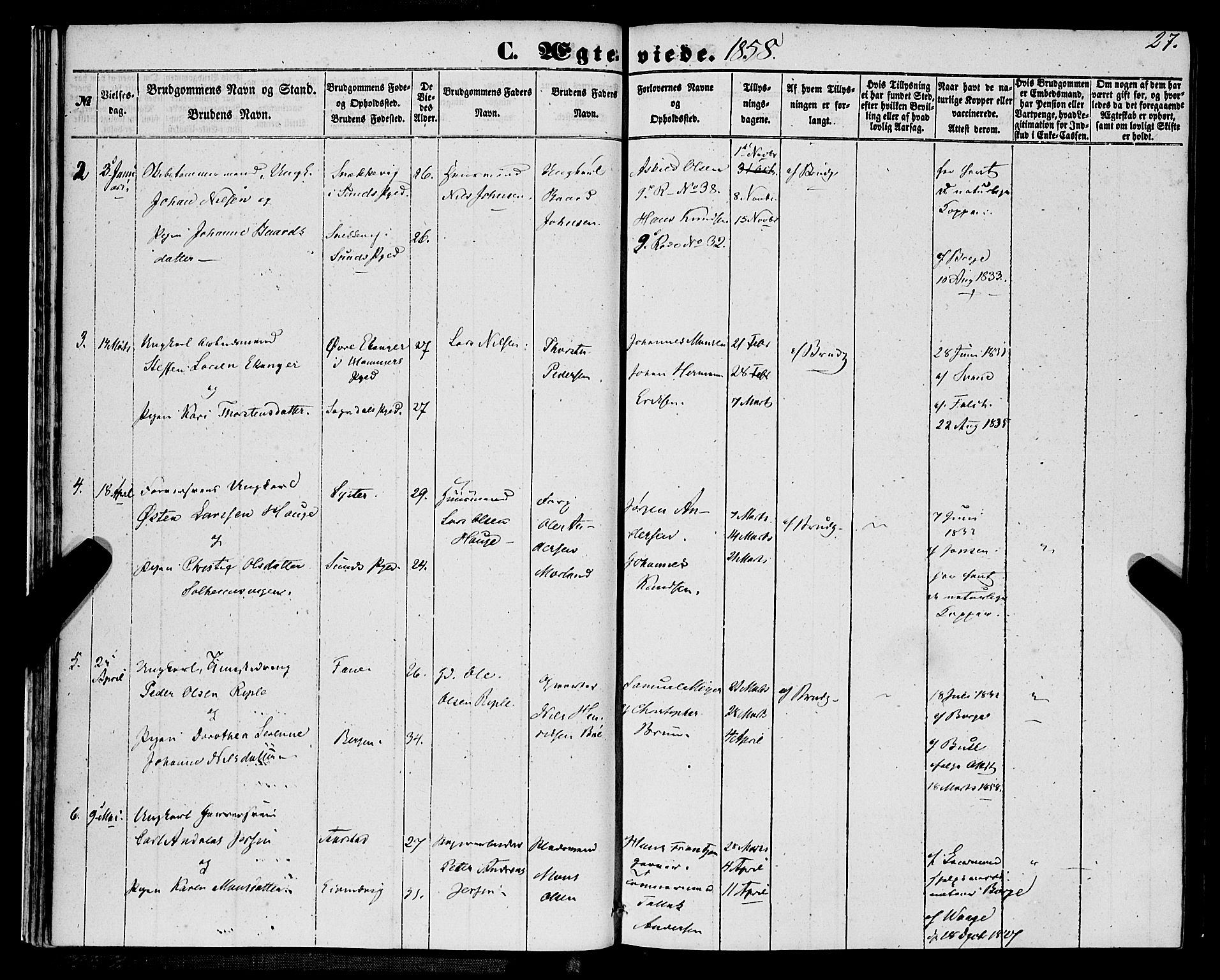 St. Jørgens hospital og Årstad sokneprestembete, AV/SAB-A-99934: Parish register (official) no. A 9, 1853-1878, p. 27