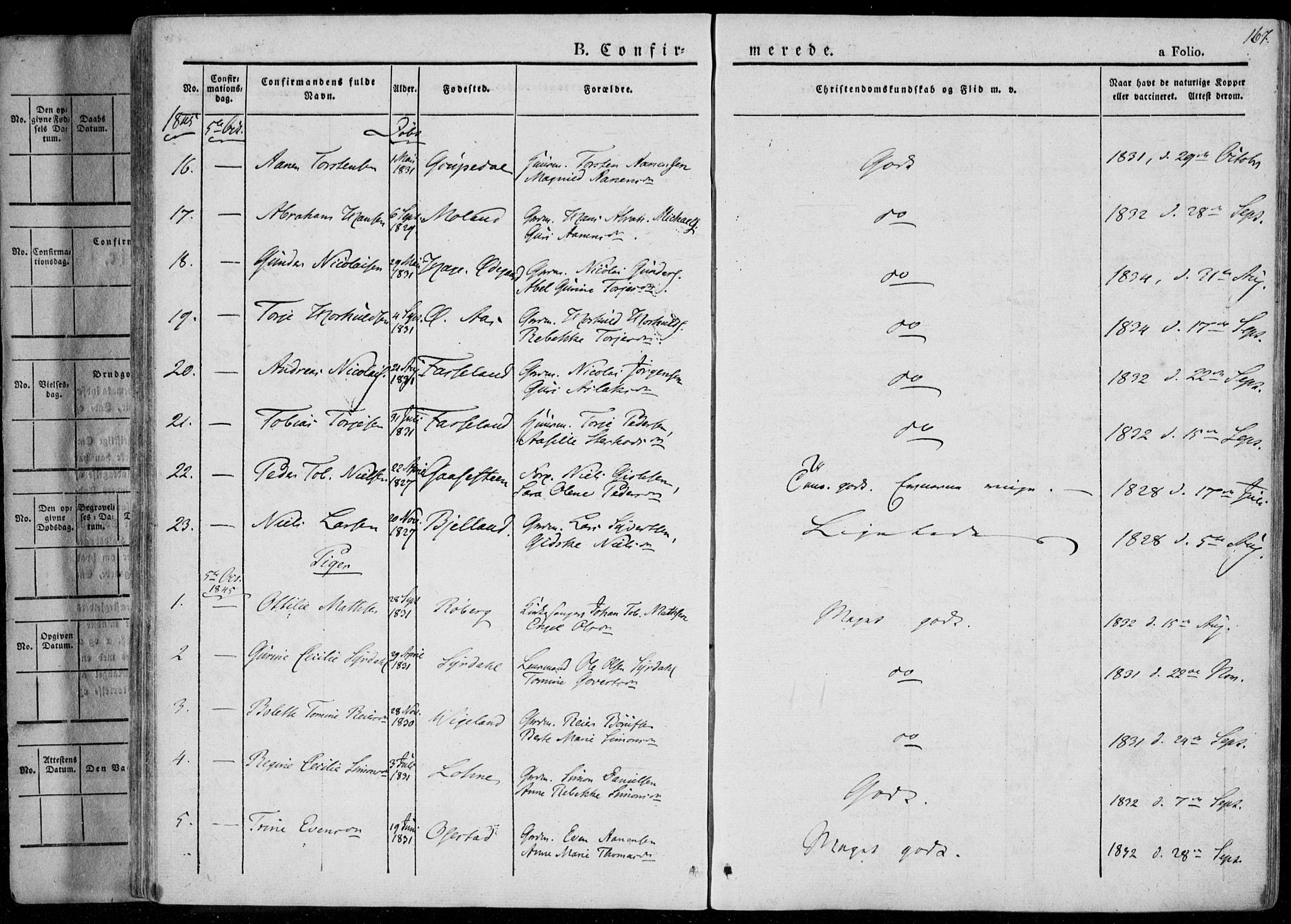 Sør-Audnedal sokneprestkontor, AV/SAK-1111-0039/F/Fa/Fab/L0006: Parish register (official) no. A 6, 1829-1855, p. 167