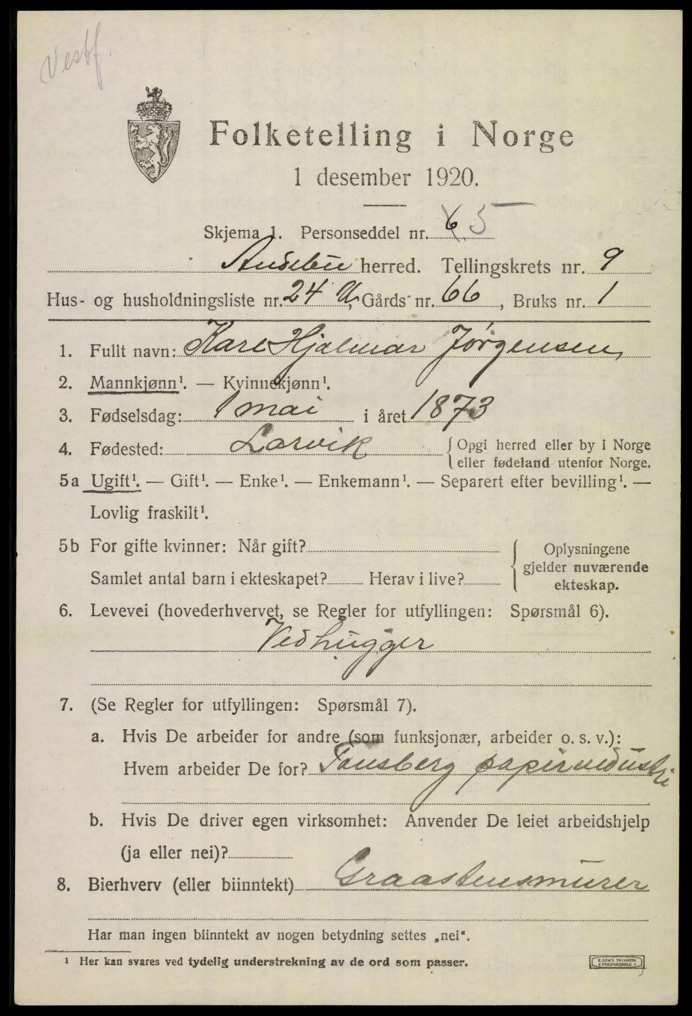 SAKO, 1920 census for Andebu, 1920, p. 4074