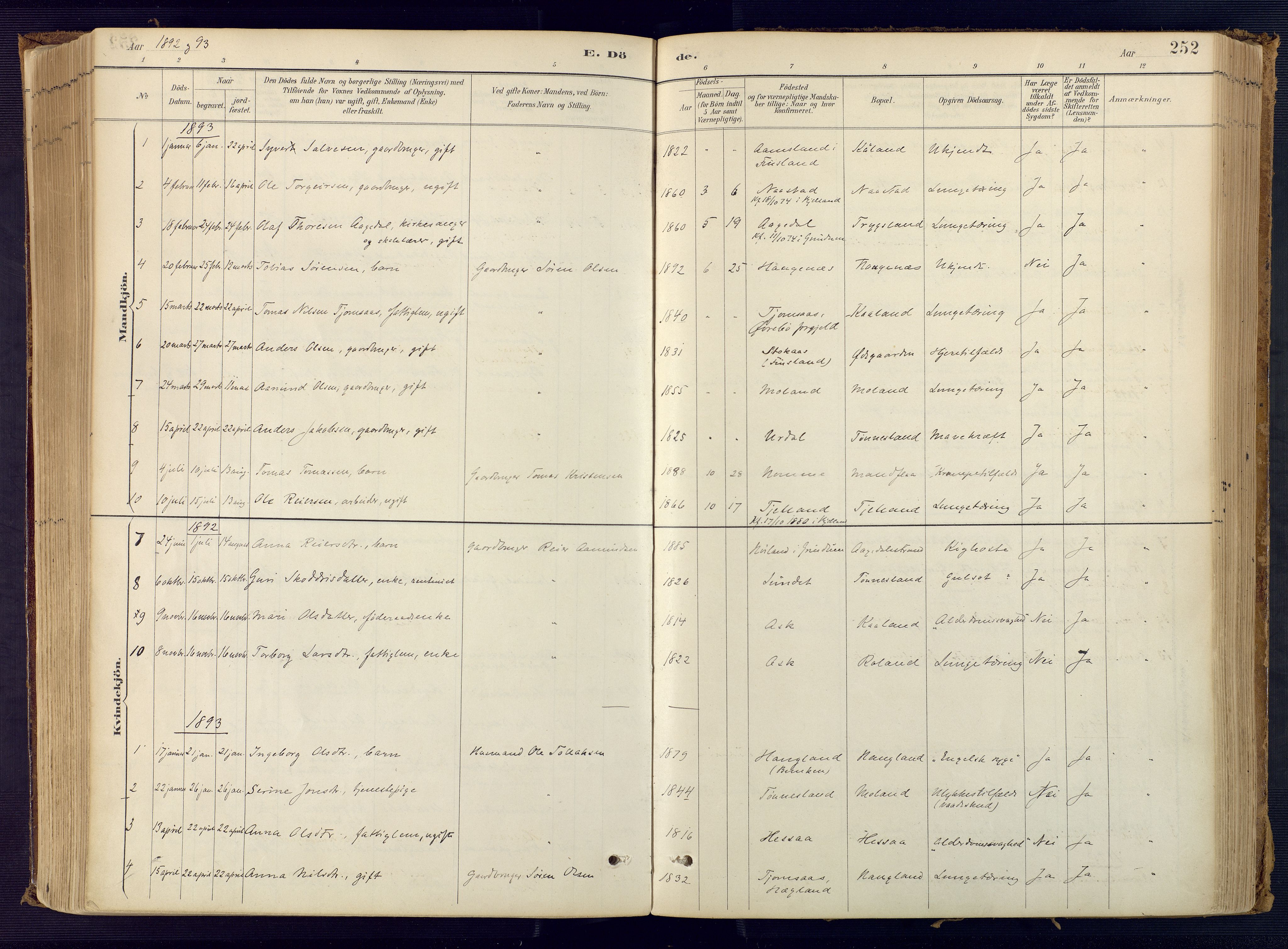 Bjelland sokneprestkontor, SAK/1111-0005/F/Fa/Faa/L0004: Parish register (official) no. A 4, 1887-1923, p. 252