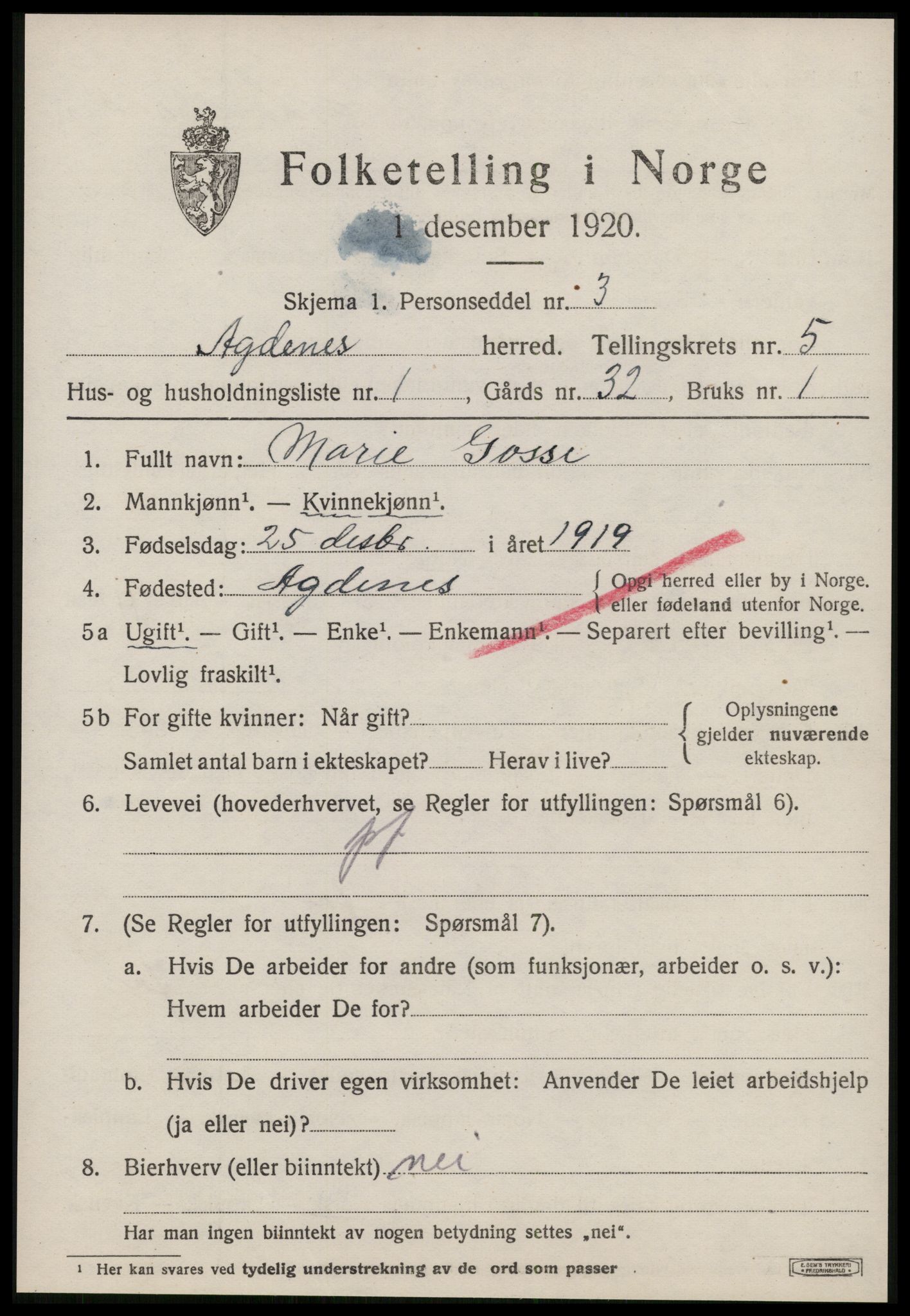 SAT, 1920 census for Agdenes, 1920, p. 2269