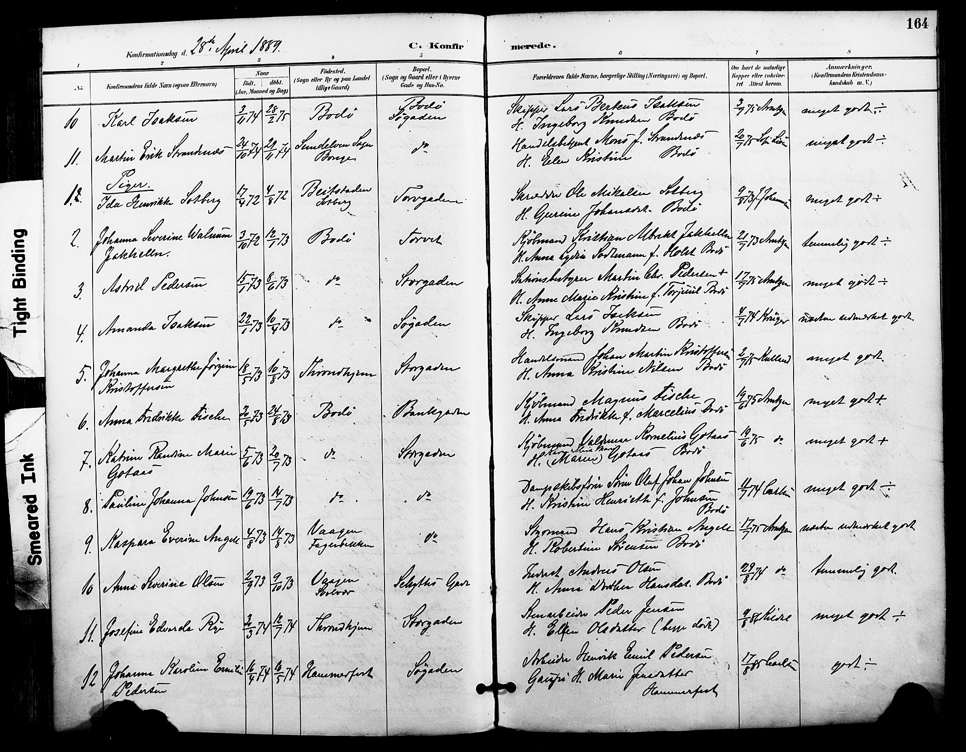 Ministerialprotokoller, klokkerbøker og fødselsregistre - Nordland, AV/SAT-A-1459/801/L0010: Parish register (official) no. 801A10, 1888-1899, p. 164