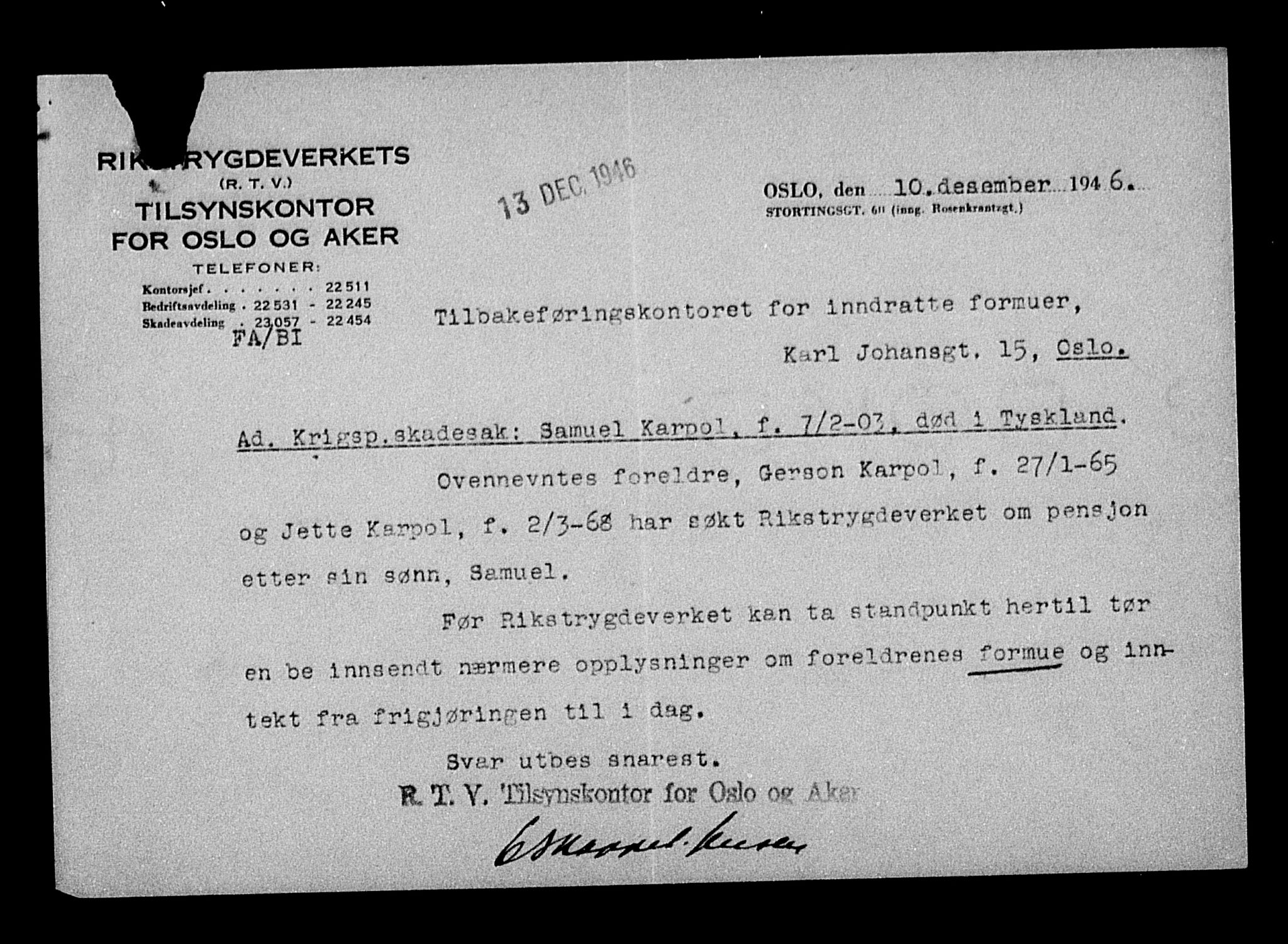 Justisdepartementet, Tilbakeføringskontoret for inndratte formuer, AV/RA-S-1564/H/Hc/Hcc/L0949: --, 1945-1947, p. 468