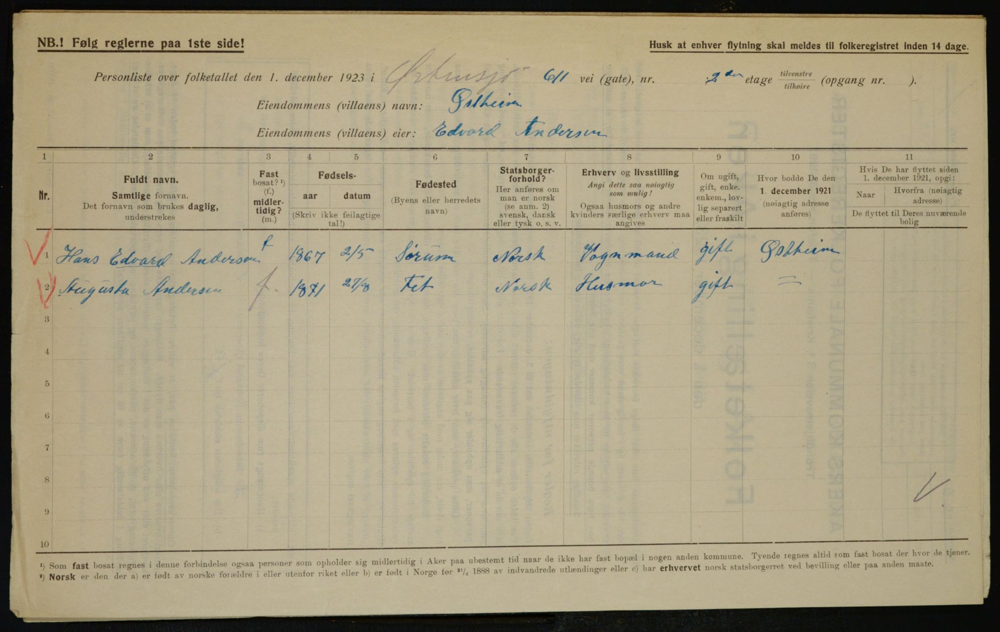 , Municipal Census 1923 for Aker, 1923, p. 36653