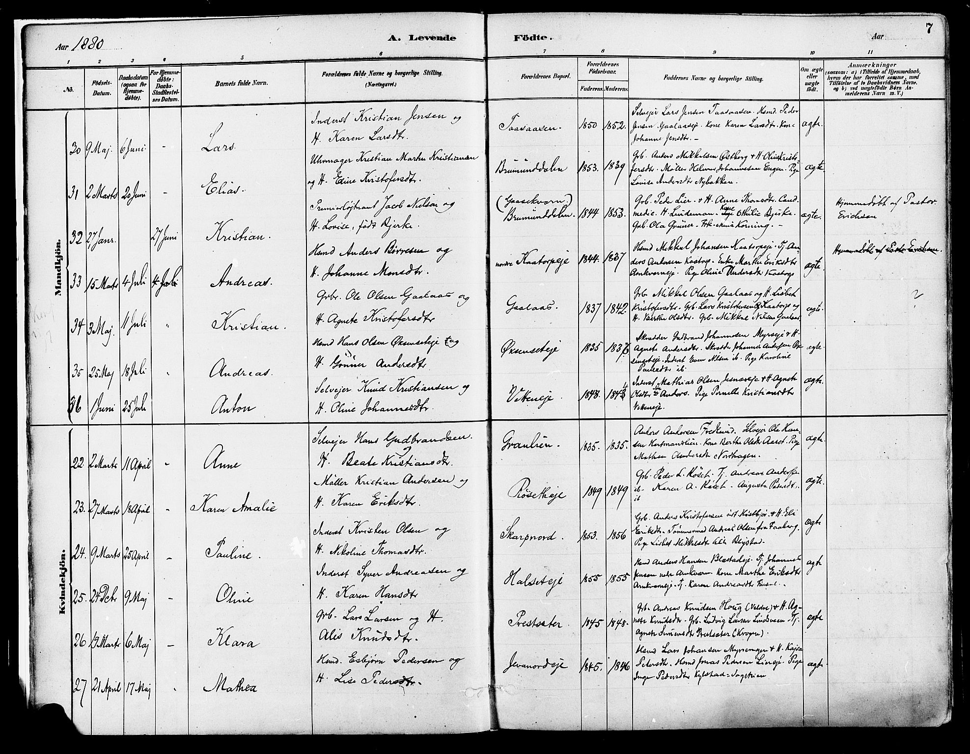 Vang prestekontor, Hedmark, SAH/PREST-008/H/Ha/Haa/L0018A: Parish register (official) no. 18A, 1880-1906, p. 7