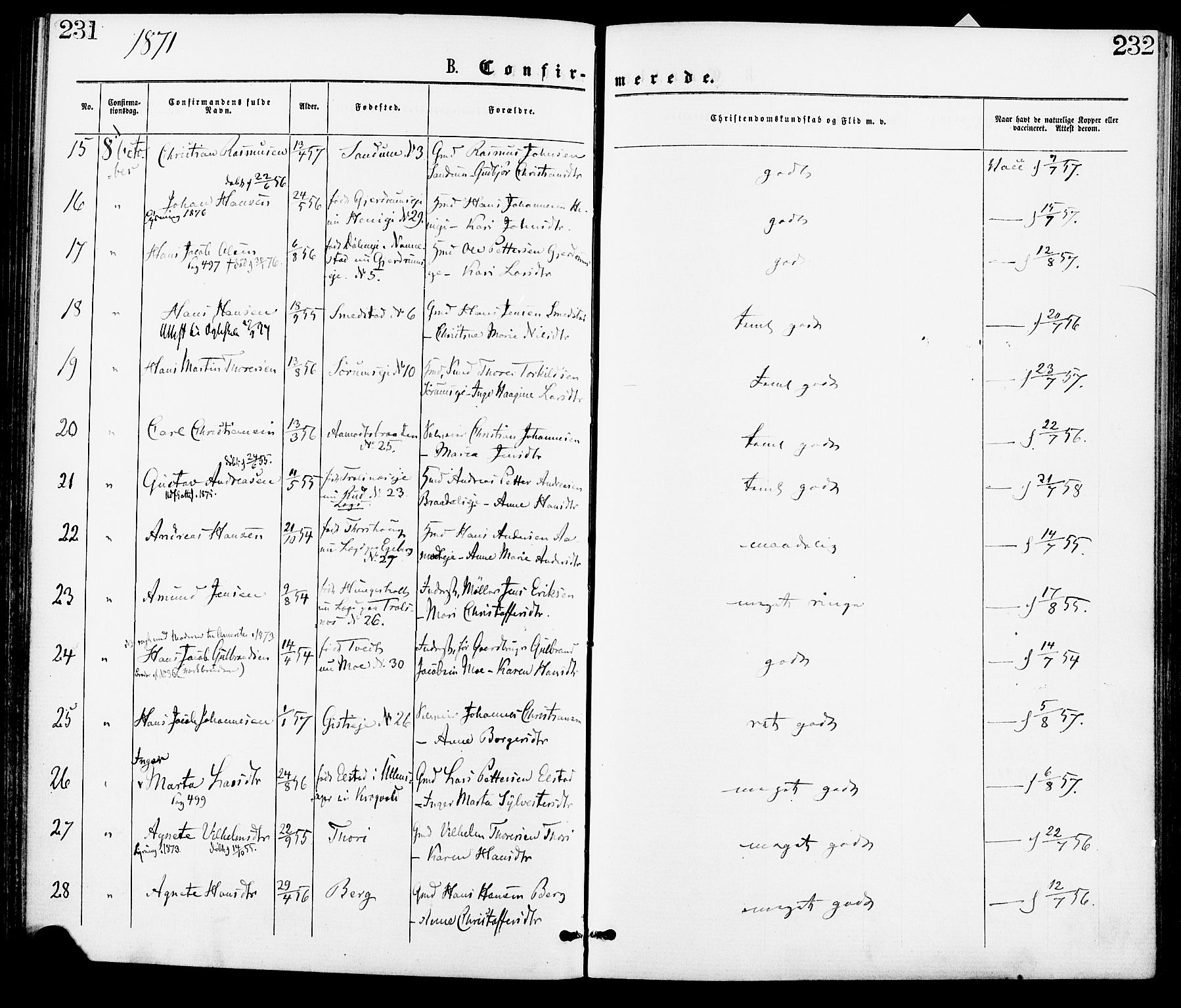Gjerdrum prestekontor Kirkebøker, SAO/A-10412b/F/Fa/L0008: Parish register (official) no. I 8, 1867-1880, p. 231-232