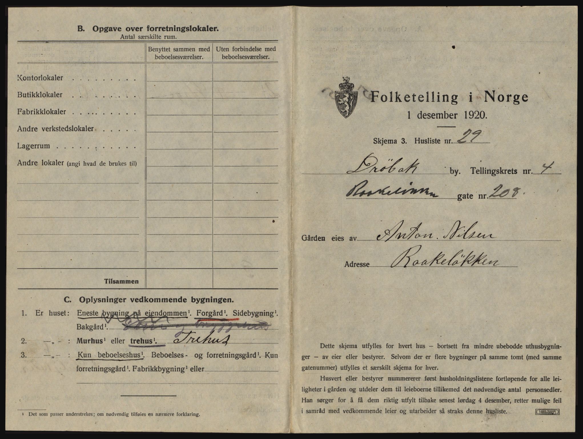 SAO, 1920 census for Drøbak, 1920, p. 423