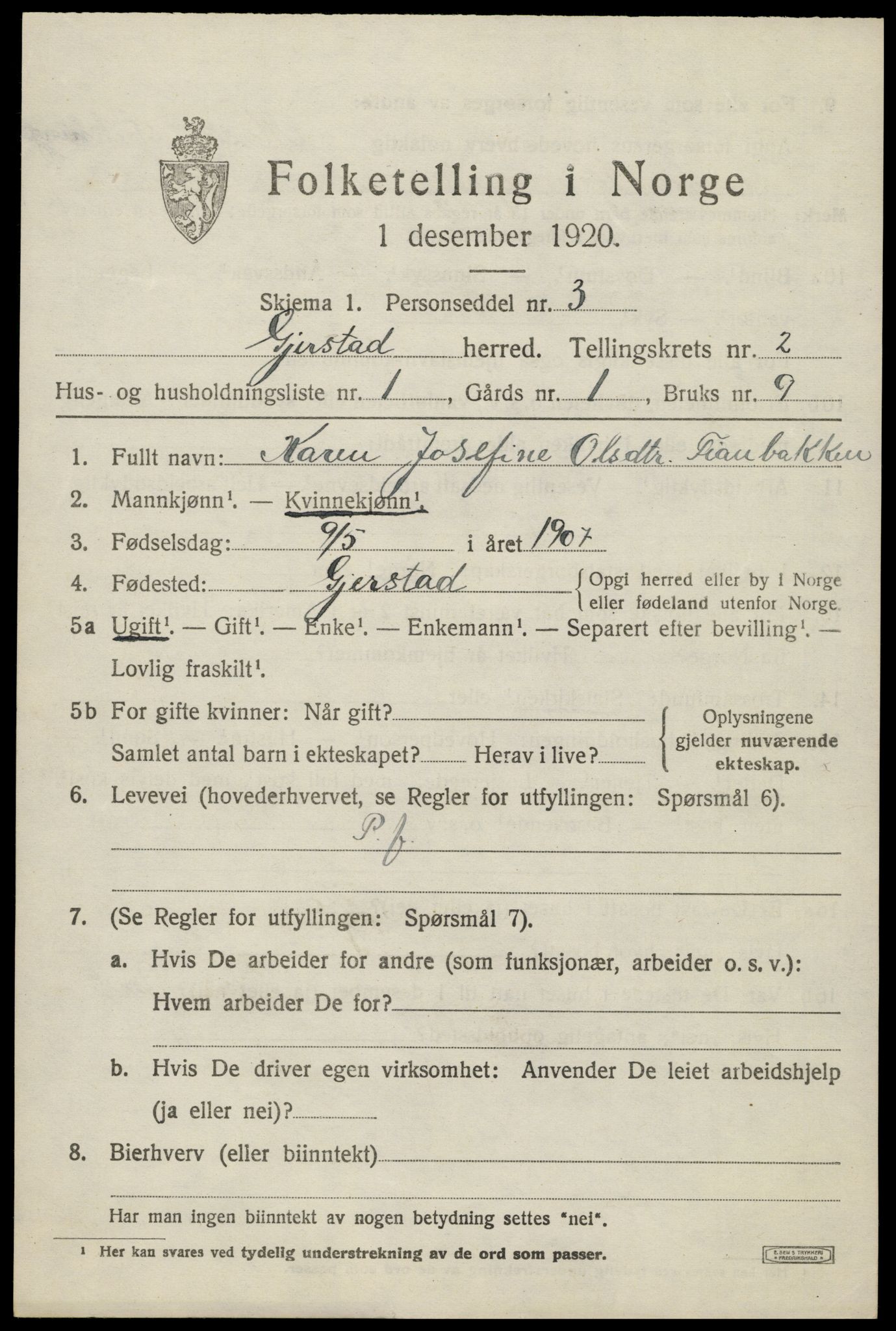 SAK, 1920 census for Gjerstad, 1920, p. 1443