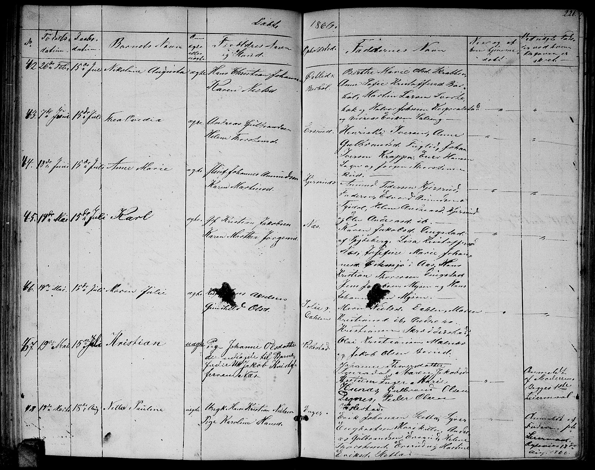 Enebakk prestekontor Kirkebøker, AV/SAO-A-10171c/G/Ga/L0004: Parish register (copy) no. I 4, 1850-1866, p. 226