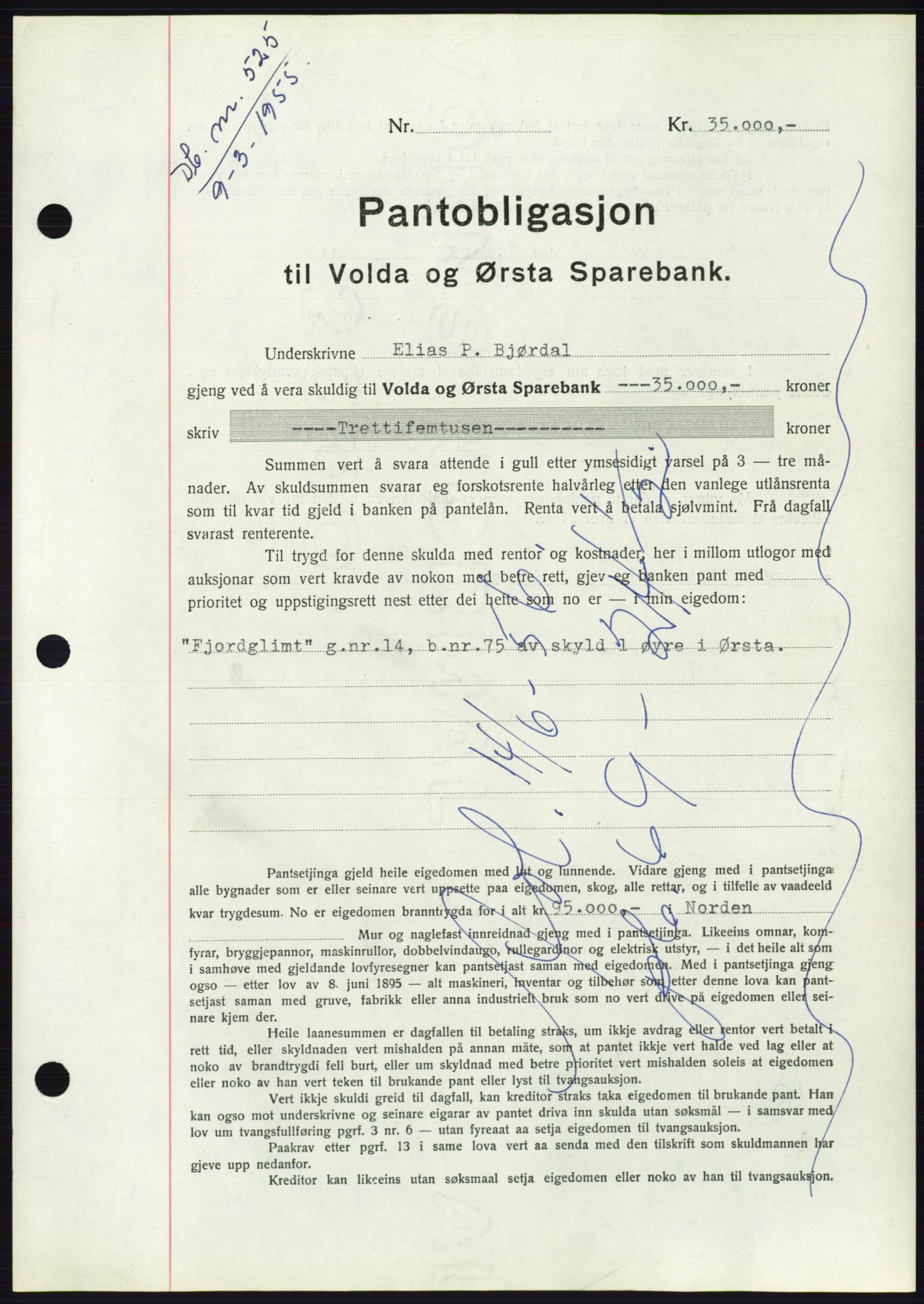 Søre Sunnmøre sorenskriveri, AV/SAT-A-4122/1/2/2C/L0126: Mortgage book no. 14B, 1954-1955, Diary no: : 525/1955