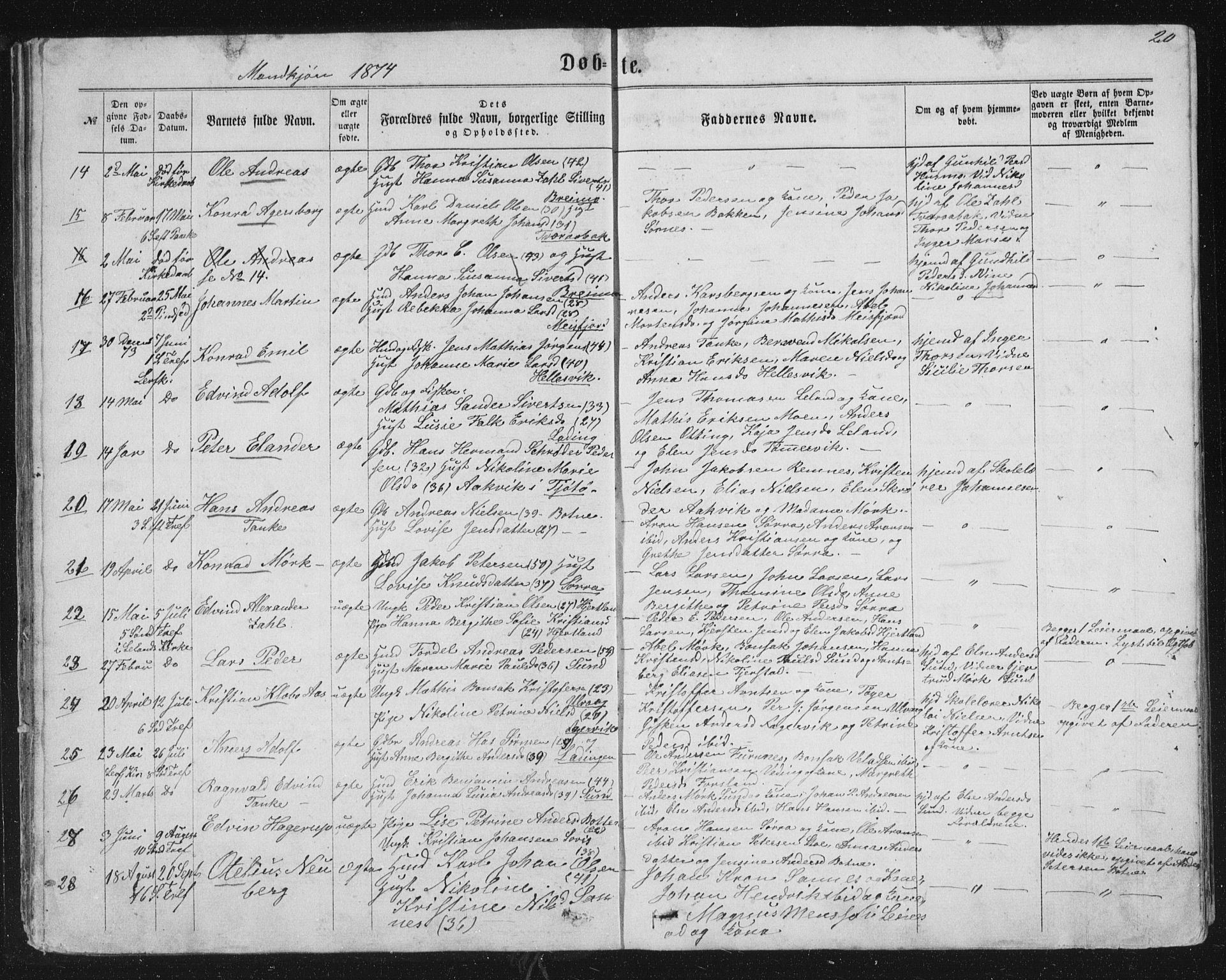 Ministerialprotokoller, klokkerbøker og fødselsregistre - Nordland, AV/SAT-A-1459/831/L0476: Parish register (copy) no. 831C03, 1866-1877, p. 20