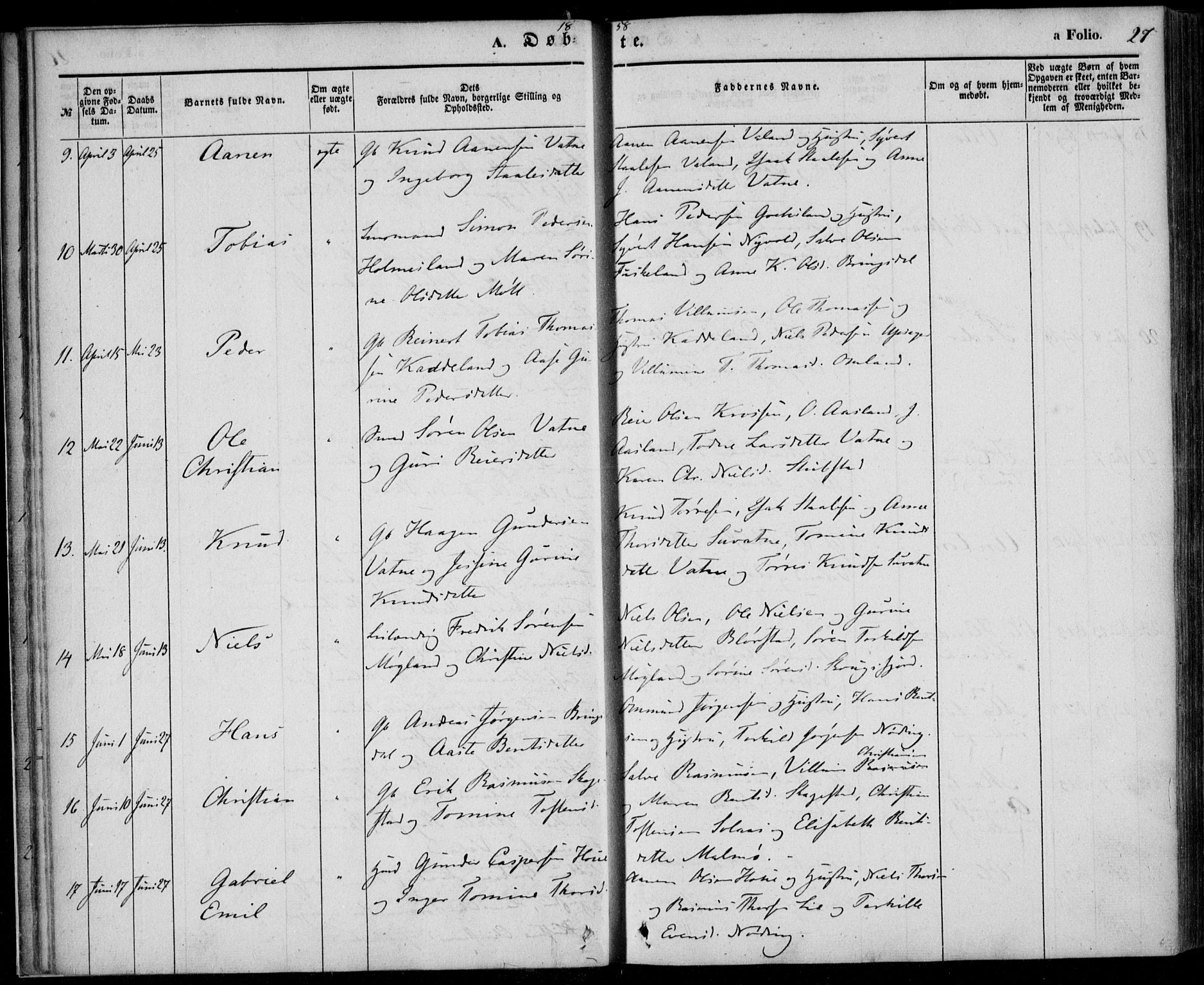 Holum sokneprestkontor, AV/SAK-1111-0022/F/Fa/Faa/L0005: Parish register (official) no. A 5, 1850-1864, p. 27