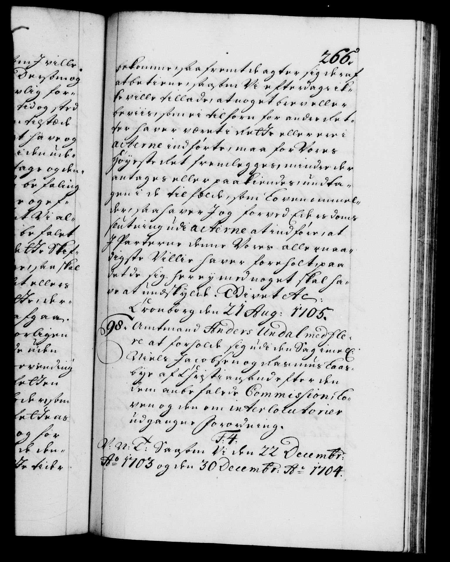 Danske Kanselli 1572-1799, AV/RA-EA-3023/F/Fc/Fca/Fcab/L0017: Norske tegnelser, 1704-1706, p. 266a