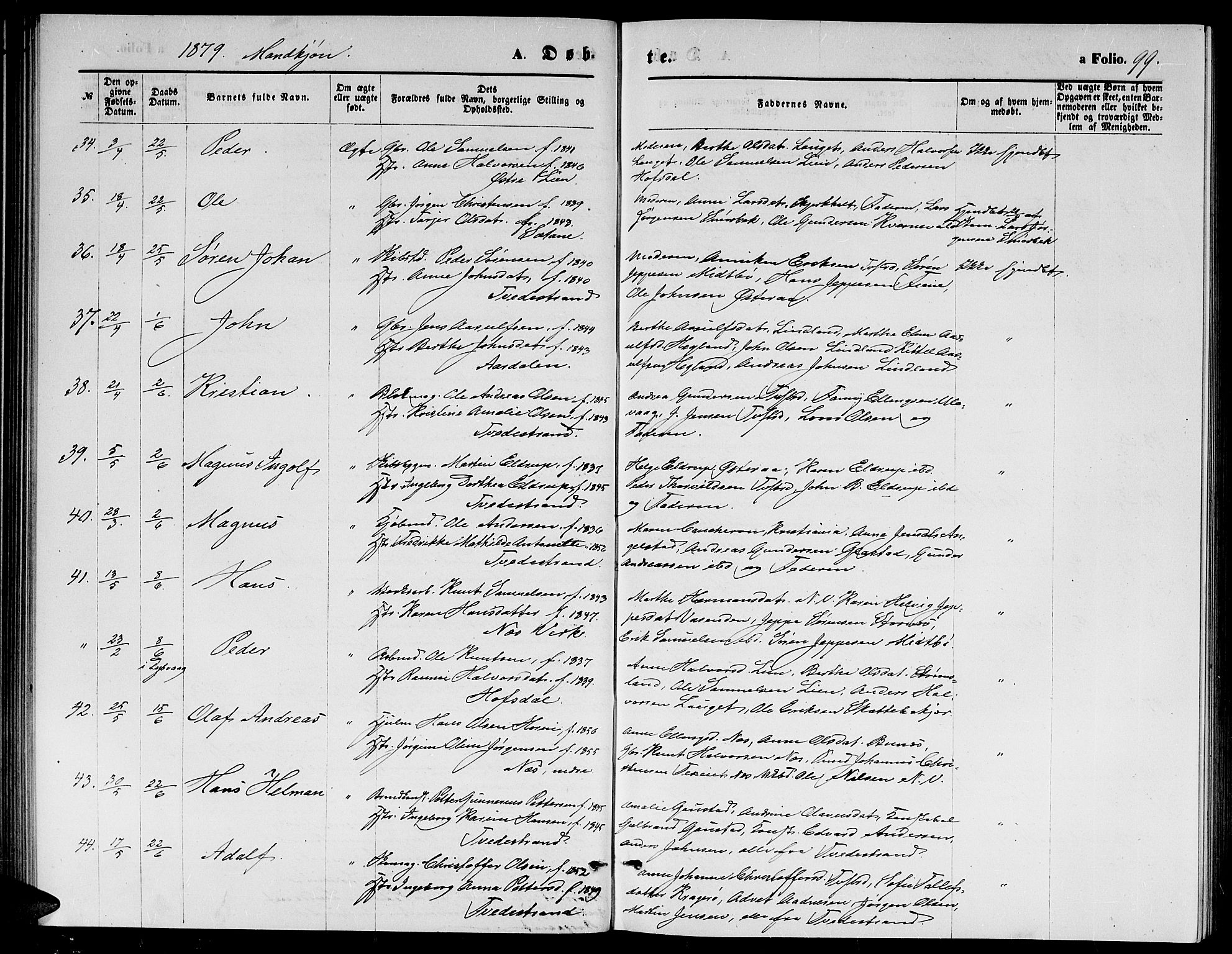 Holt sokneprestkontor, AV/SAK-1111-0021/F/Fb/L0009: Parish register (copy) no. B 9, 1871-1883, p. 99