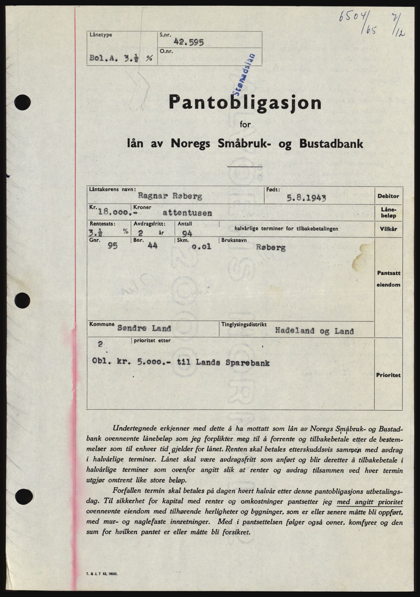 Hadeland og Land tingrett, SAH/TING-010/H/Hb/Hbc/L0061: Mortgage book no. B61, 1965-1966, Diary no: : 6504/1965