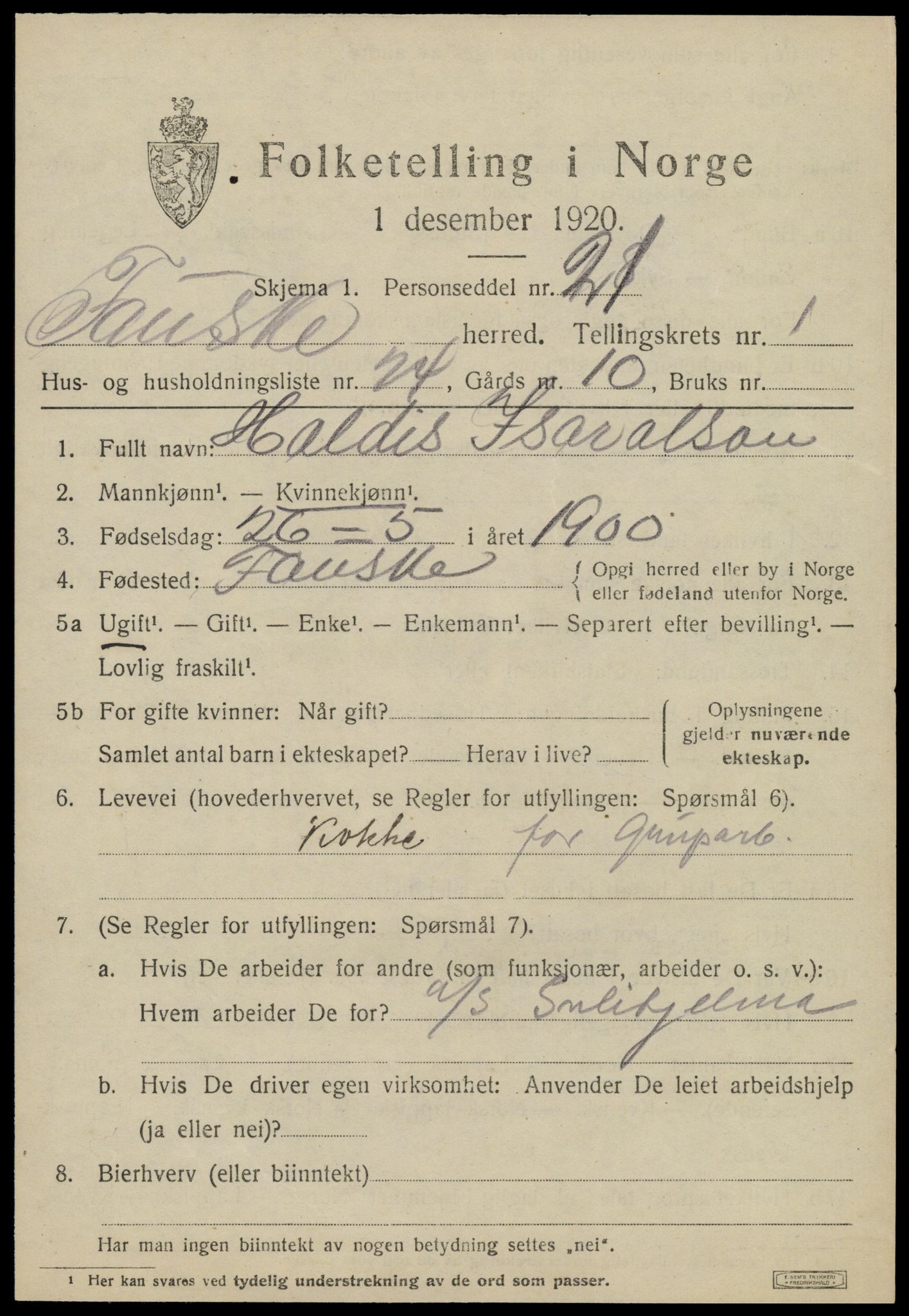 SAT, 1920 census for Fauske, 1920, p. 2898