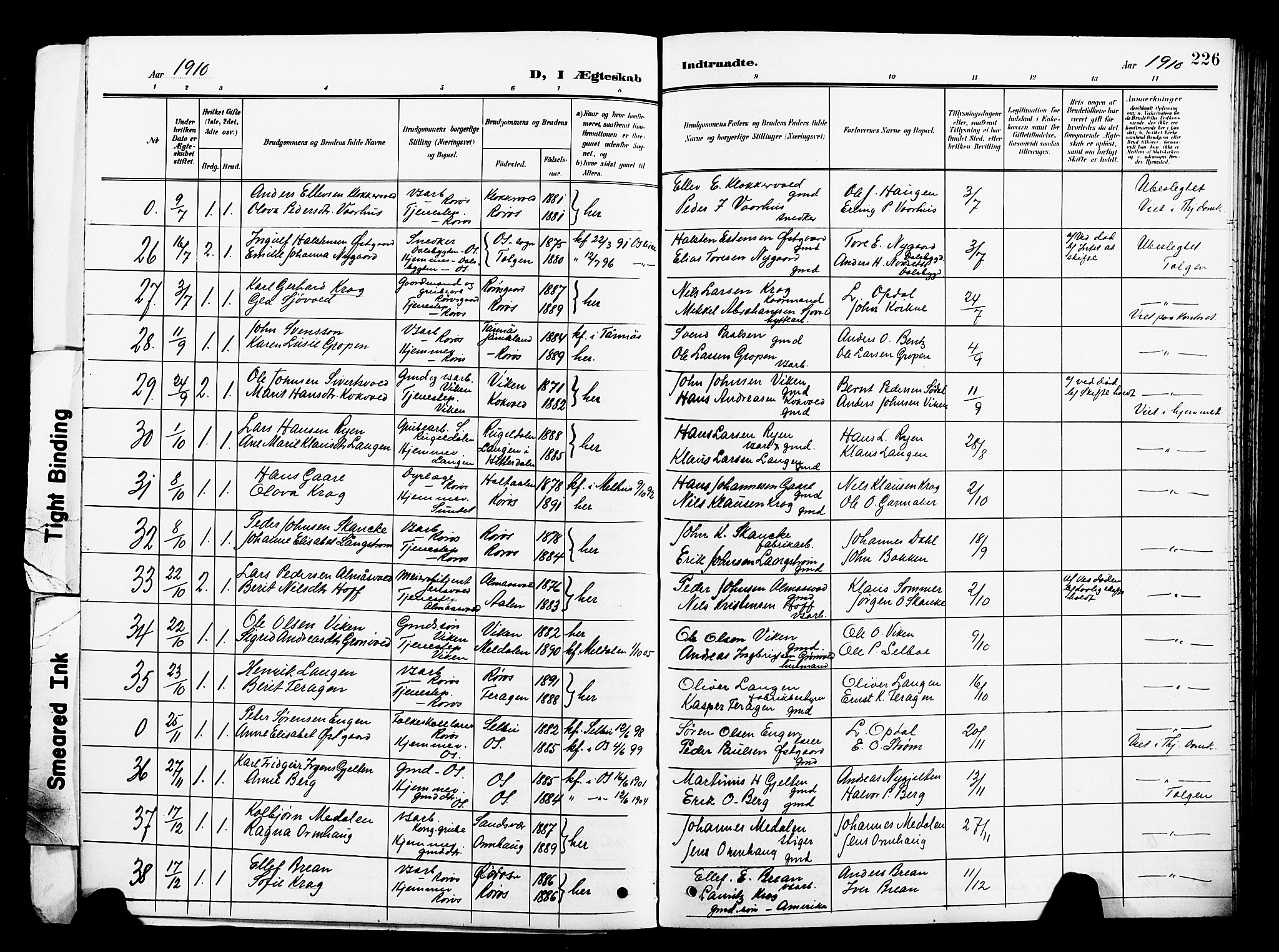 Ministerialprotokoller, klokkerbøker og fødselsregistre - Sør-Trøndelag, SAT/A-1456/681/L0942: Parish register (copy) no. 681C06, 1906-1925, p. 226