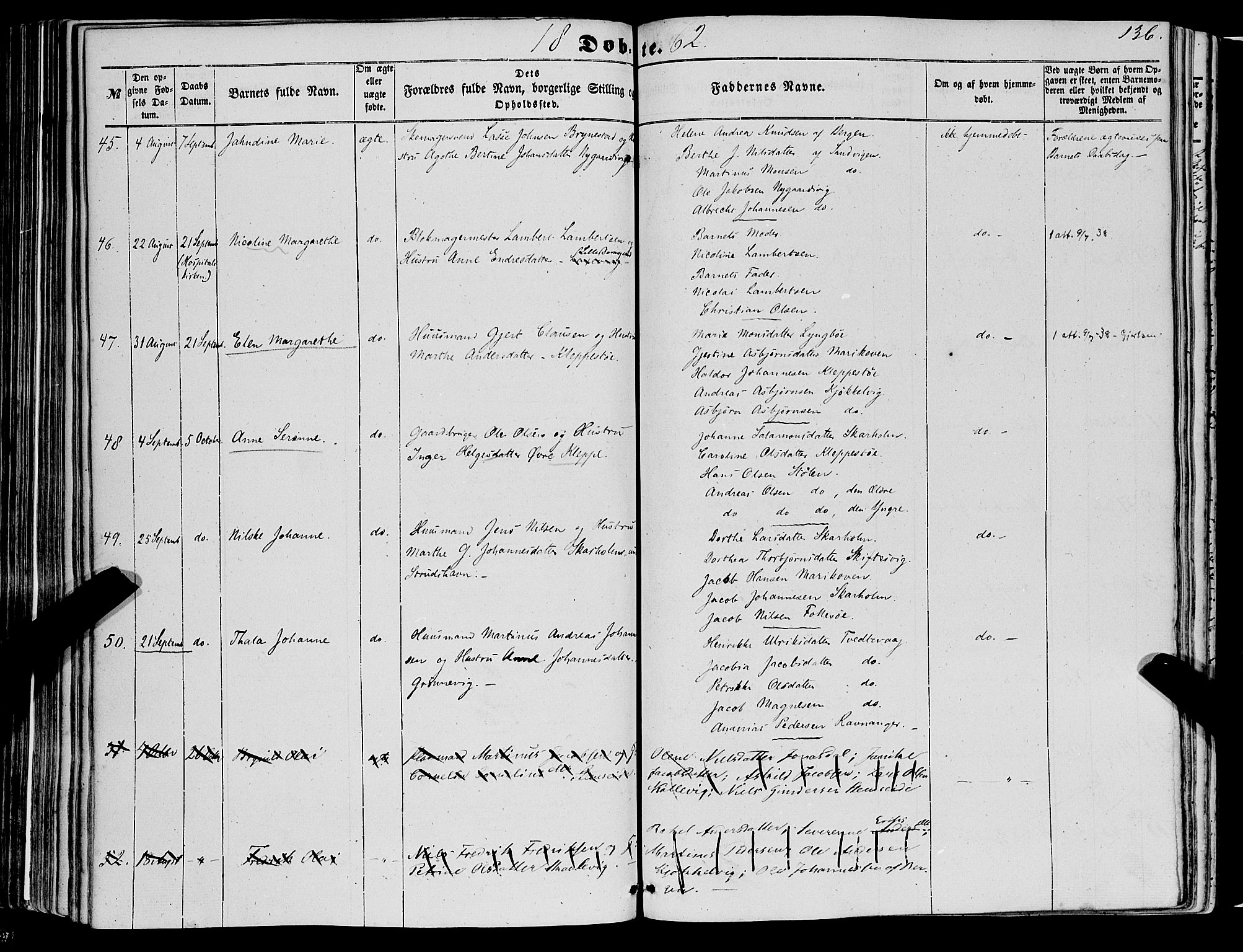 Askøy Sokneprestembete, AV/SAB-A-74101/H/Ha/Haa/Haaa/L0008: Parish register (official) no. A 8, 1852-1862, p. 136
