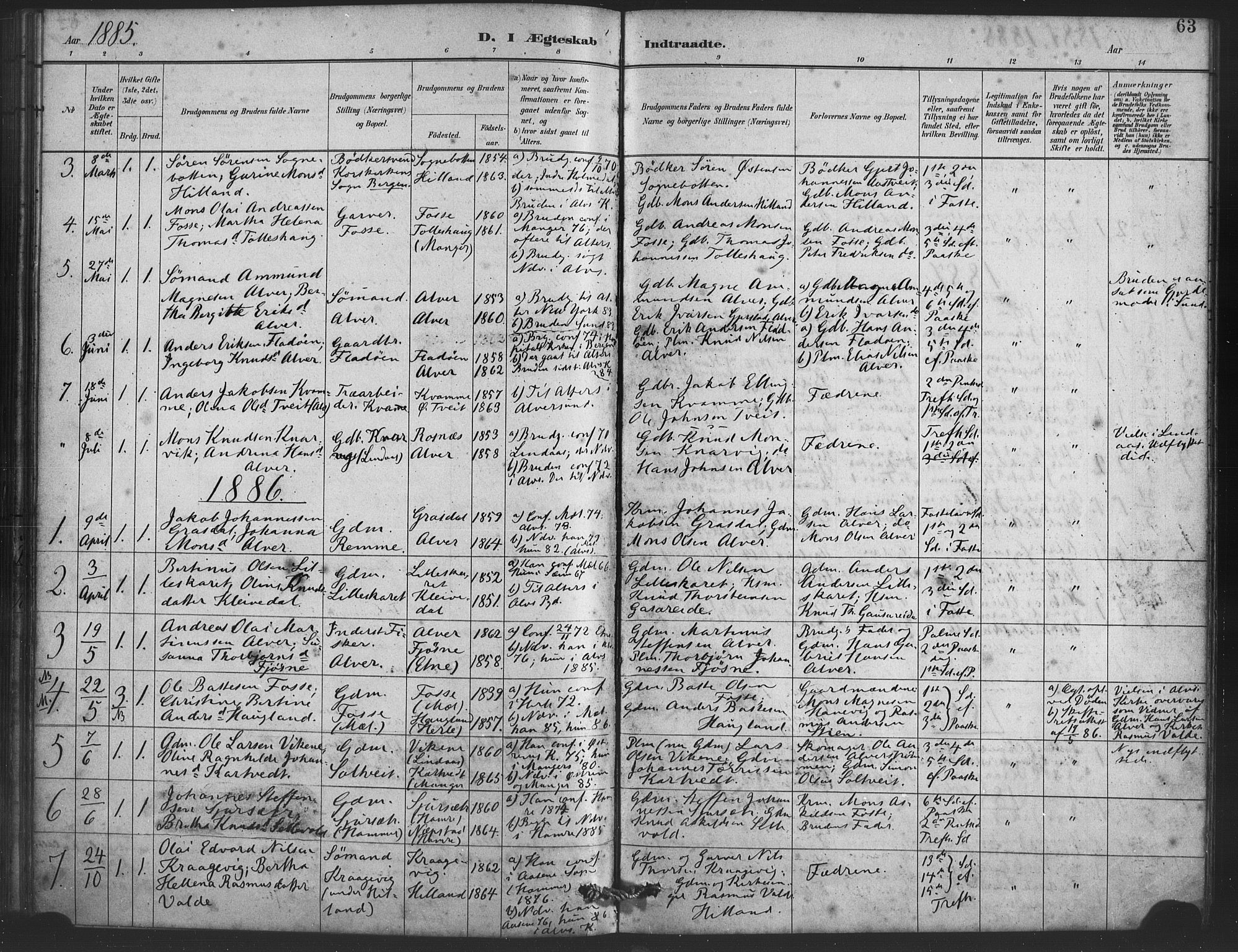 Alversund Sokneprestembete, AV/SAB-A-73901/H/Ha/Haa/Haaa/L0001: Parish register (official) no. A 1, 1882-1896, p. 63