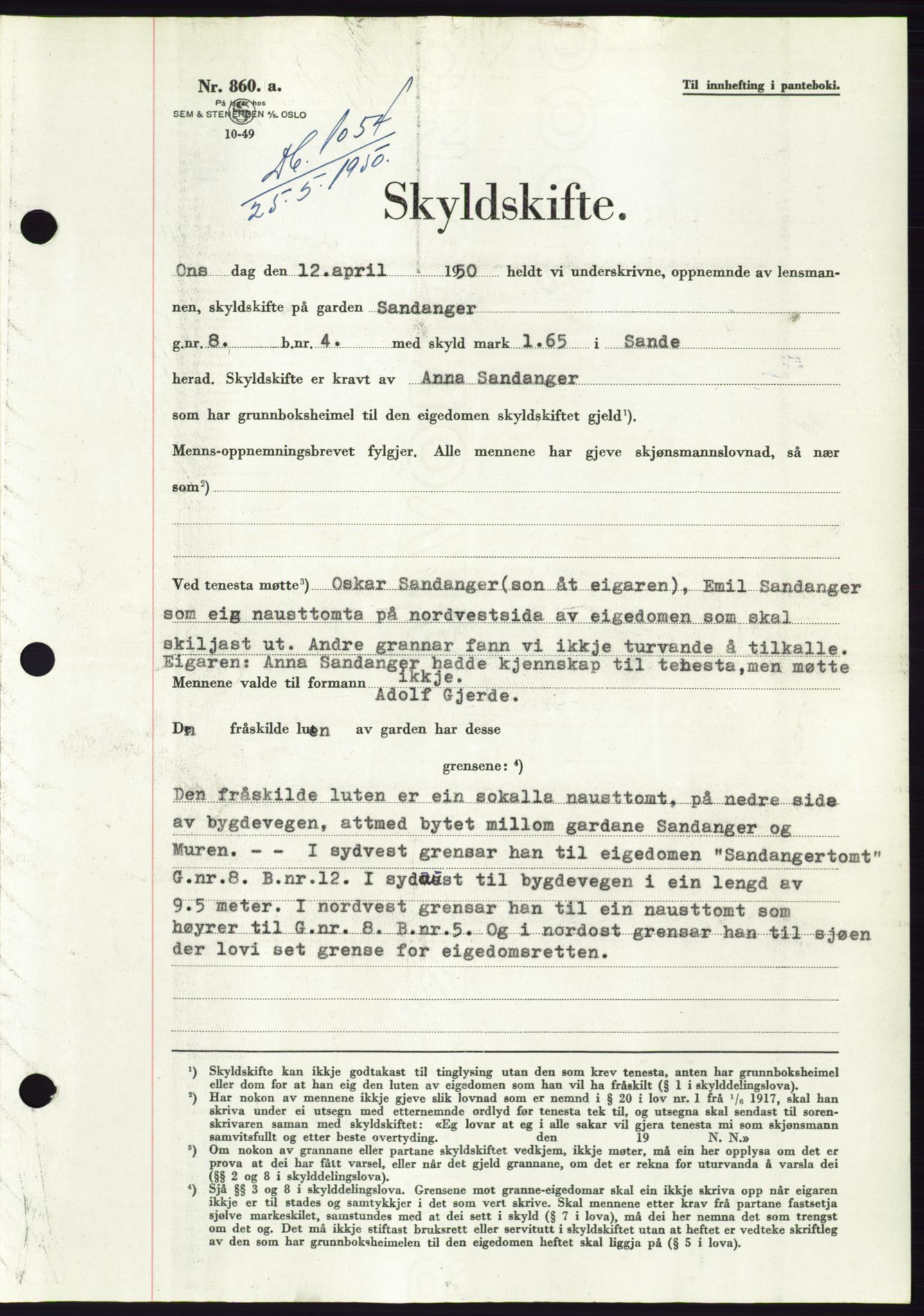 Søre Sunnmøre sorenskriveri, AV/SAT-A-4122/1/2/2C/L0087: Mortgage book no. 13A, 1950-1950, Diary no: : 1054/1950