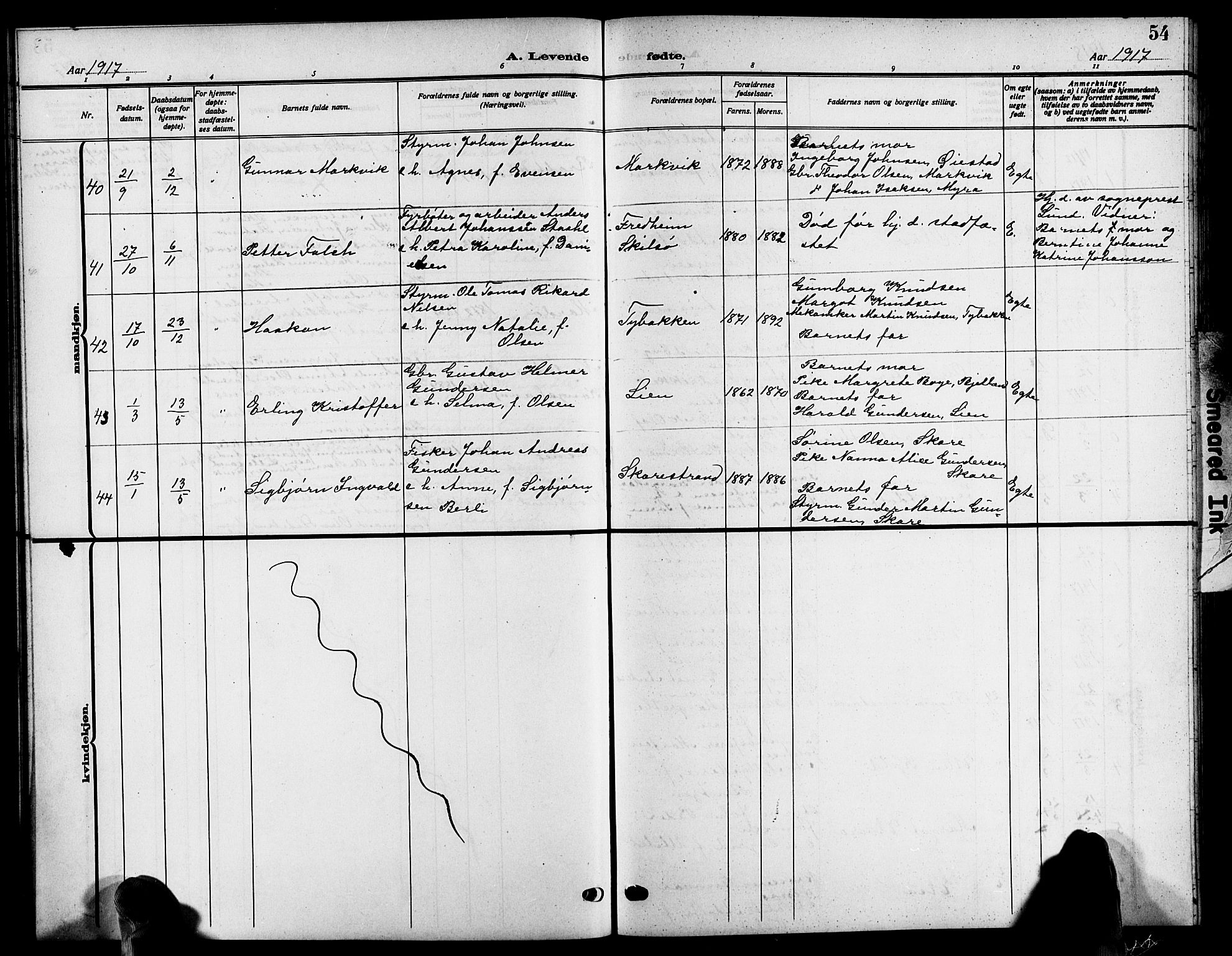 Tromøy sokneprestkontor, SAK/1111-0041/F/Fb/L0007: Parish register (copy) no. B 7, 1908-1925, p. 54
