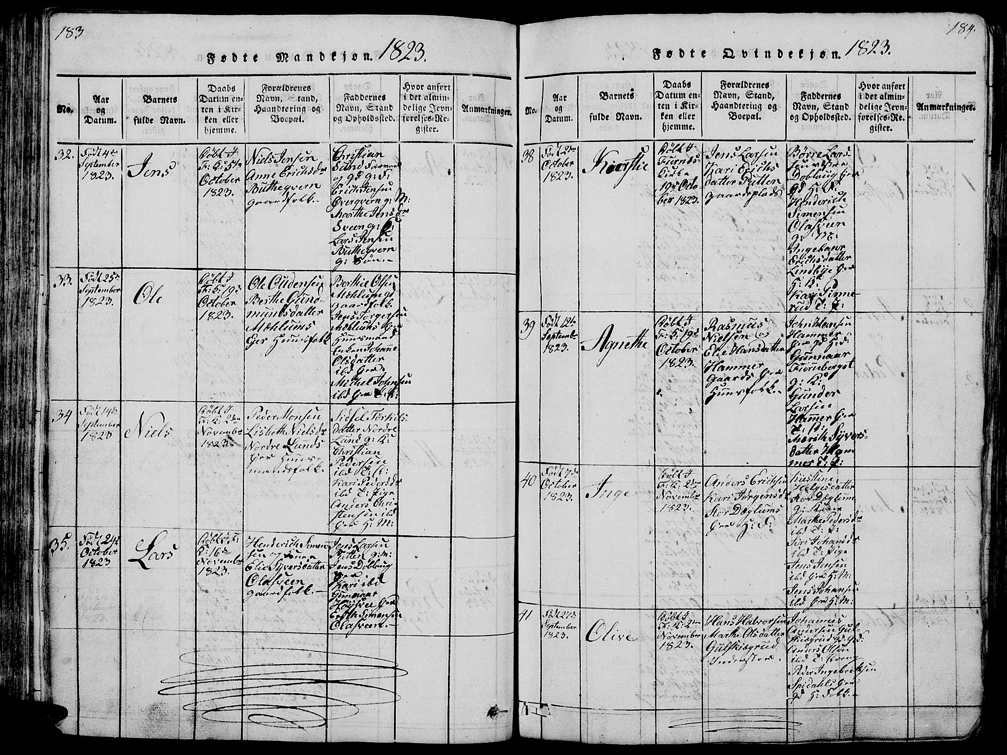 Vang prestekontor, Hedmark, SAH/PREST-008/H/Ha/Hab/L0005: Parish register (copy) no. 5, 1815-1836, p. 183-184