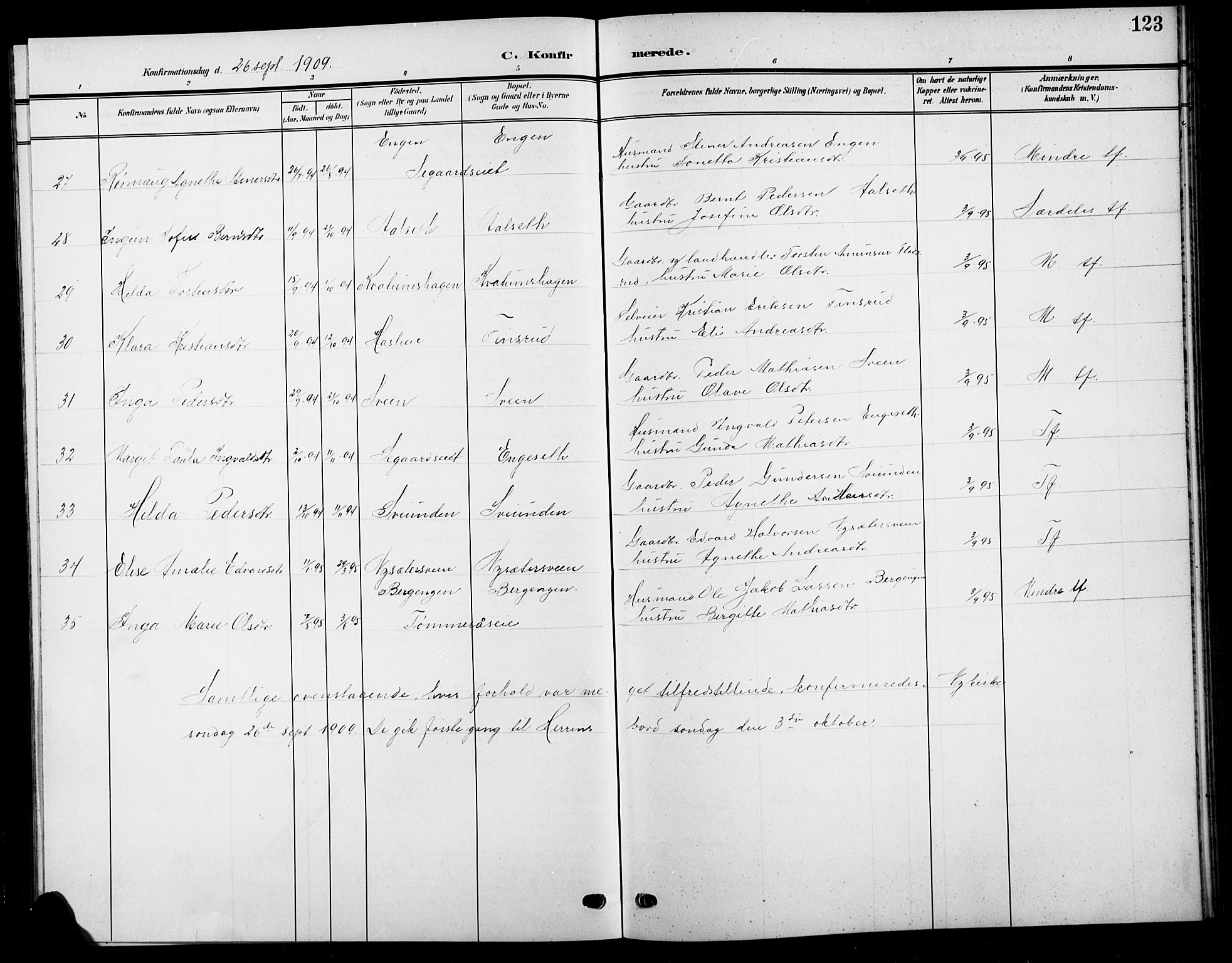 Biri prestekontor, SAH/PREST-096/H/Ha/Hab/L0005: Parish register (copy) no. 5, 1906-1919, p. 123