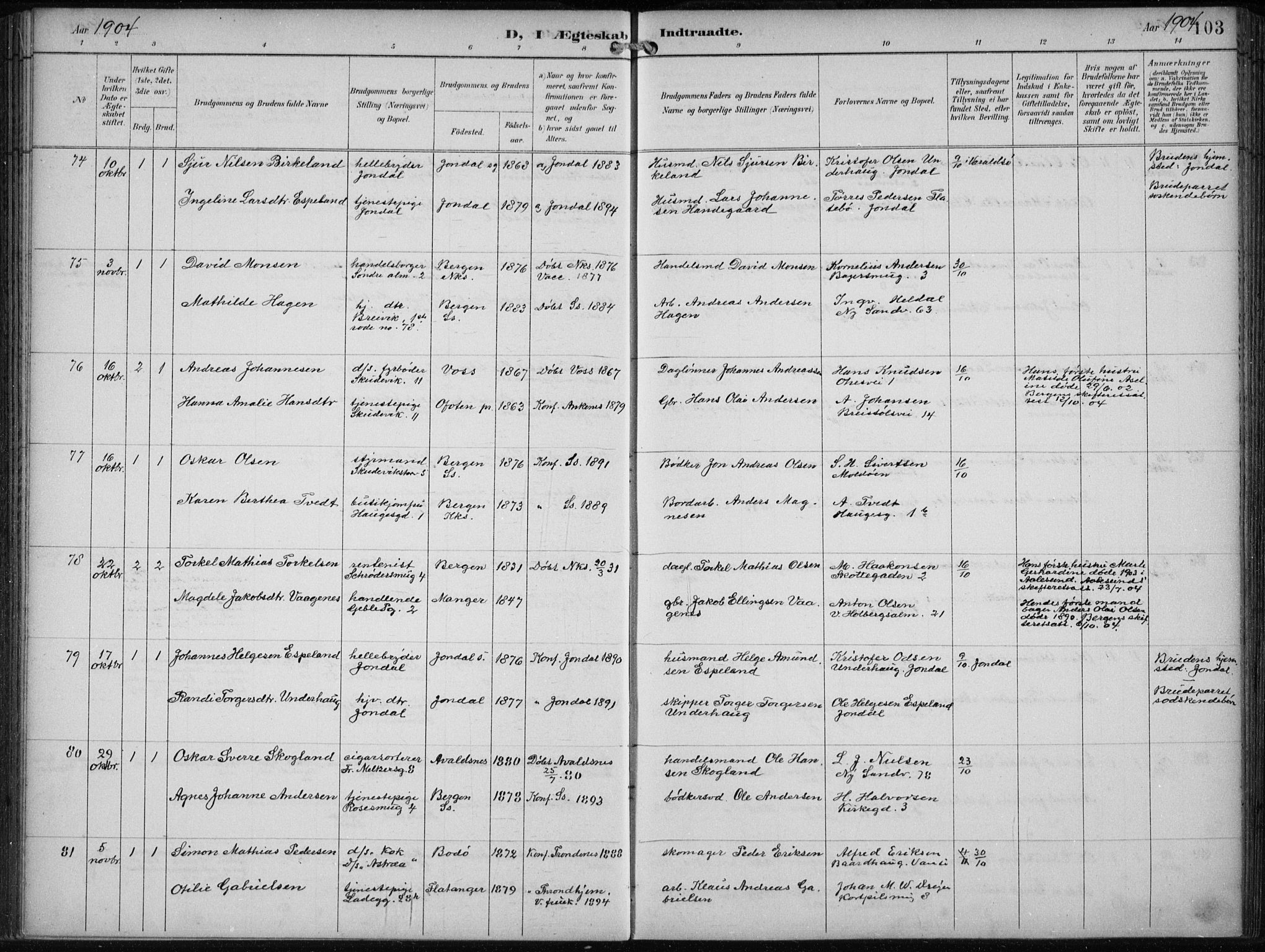 Sandviken Sokneprestembete, AV/SAB-A-77601/H/Ha/L0014: Parish register (official) no. D 1, 1896-1911, p. 103