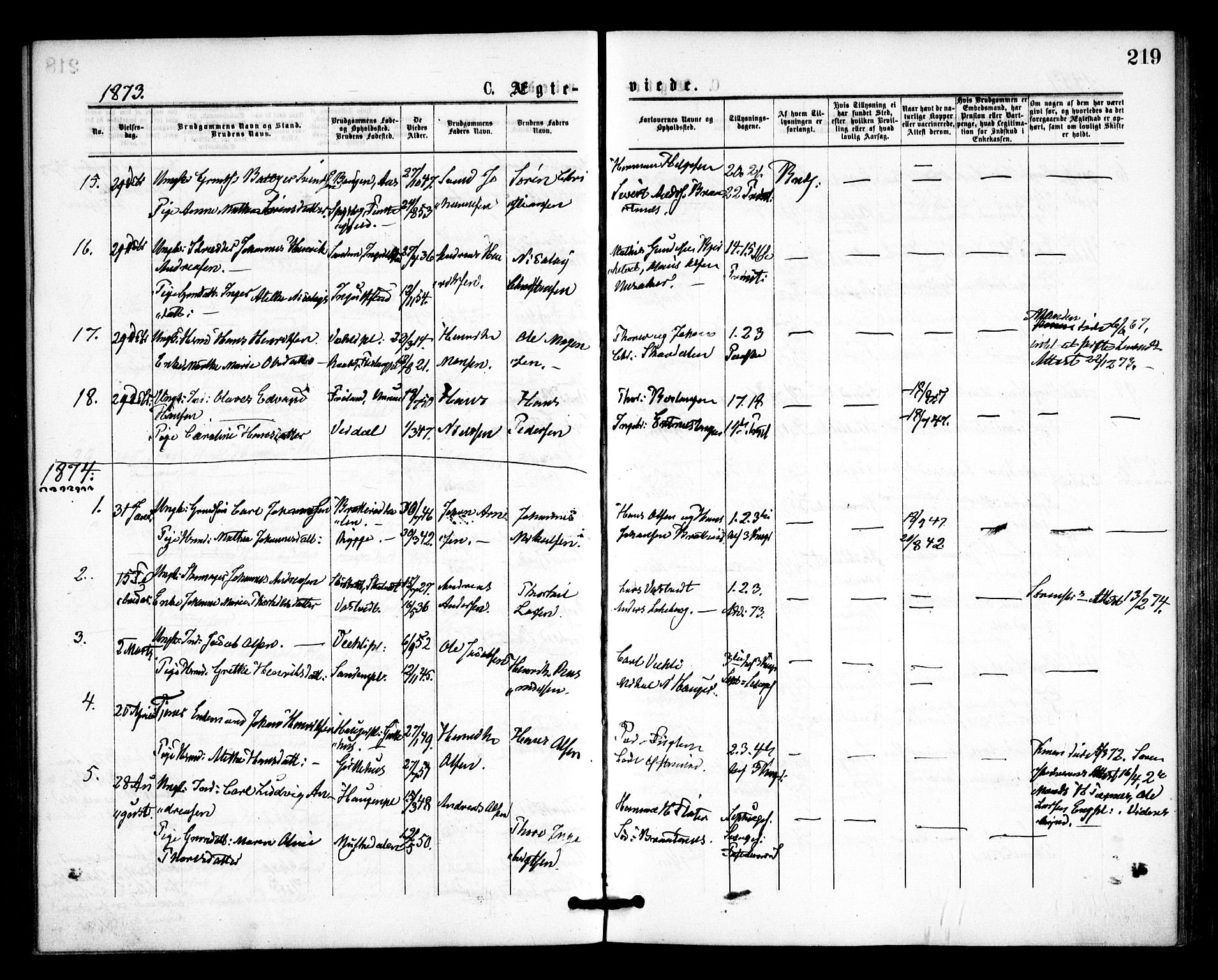 Våler prestekontor Kirkebøker, SAO/A-11083/F/Fa/L0009: Parish register (official) no. I 9, 1873-1877, p. 219