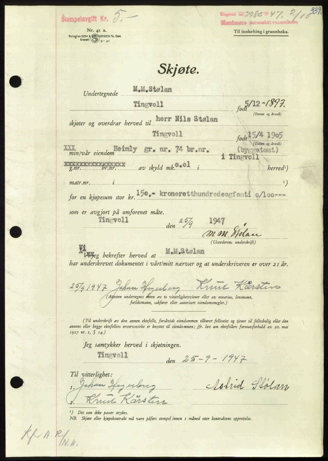 Nordmøre sorenskriveri, AV/SAT-A-4132/1/2/2Ca: Mortgage book no. A106, 1947-1947, Diary no: : 2280/1947