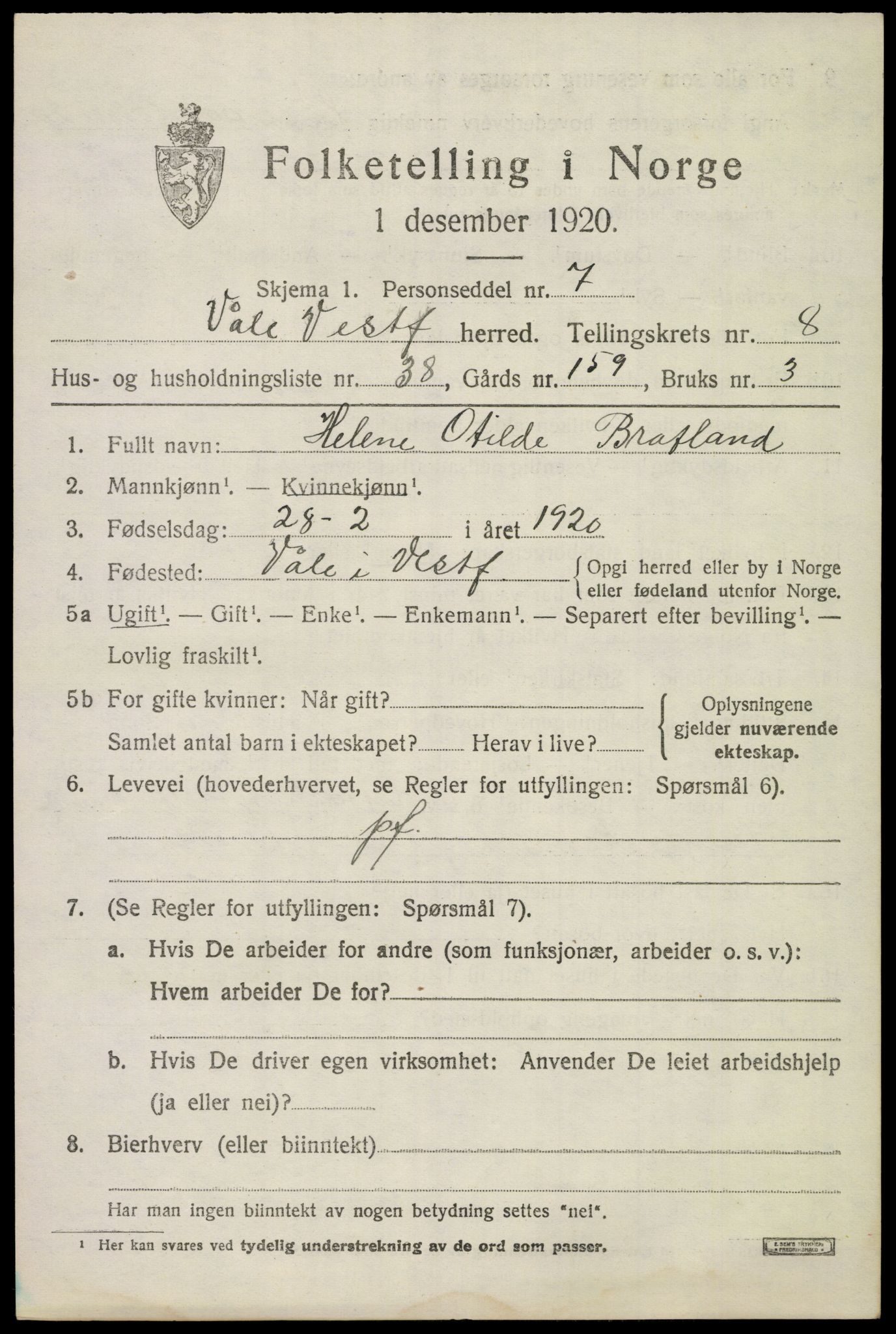 SAKO, 1920 census for Våle, 1920, p. 6580