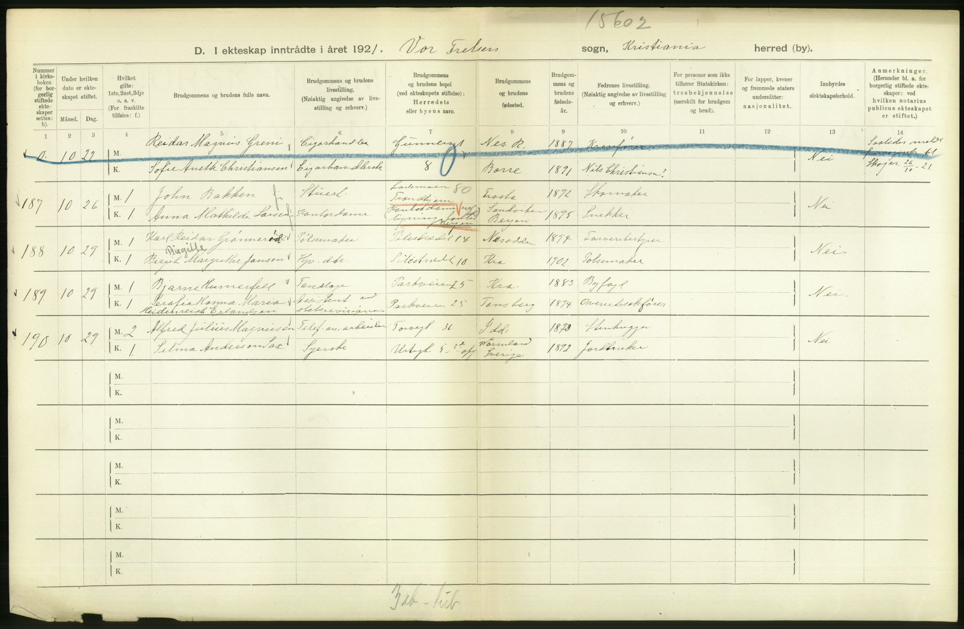 Statistisk sentralbyrå, Sosiodemografiske emner, Befolkning, AV/RA-S-2228/D/Df/Dfc/Dfca/L0011: Kristiania: Gifte, 1921, p. 150