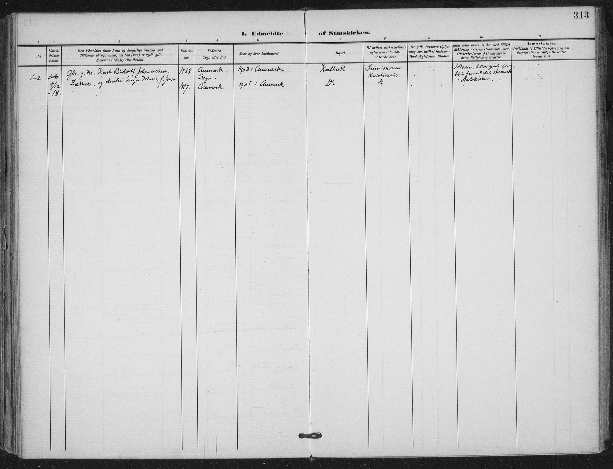 Trøgstad prestekontor Kirkebøker, AV/SAO-A-10925/F/Fa/L0011: Parish register (official) no. I 11, 1899-1919, p. 313