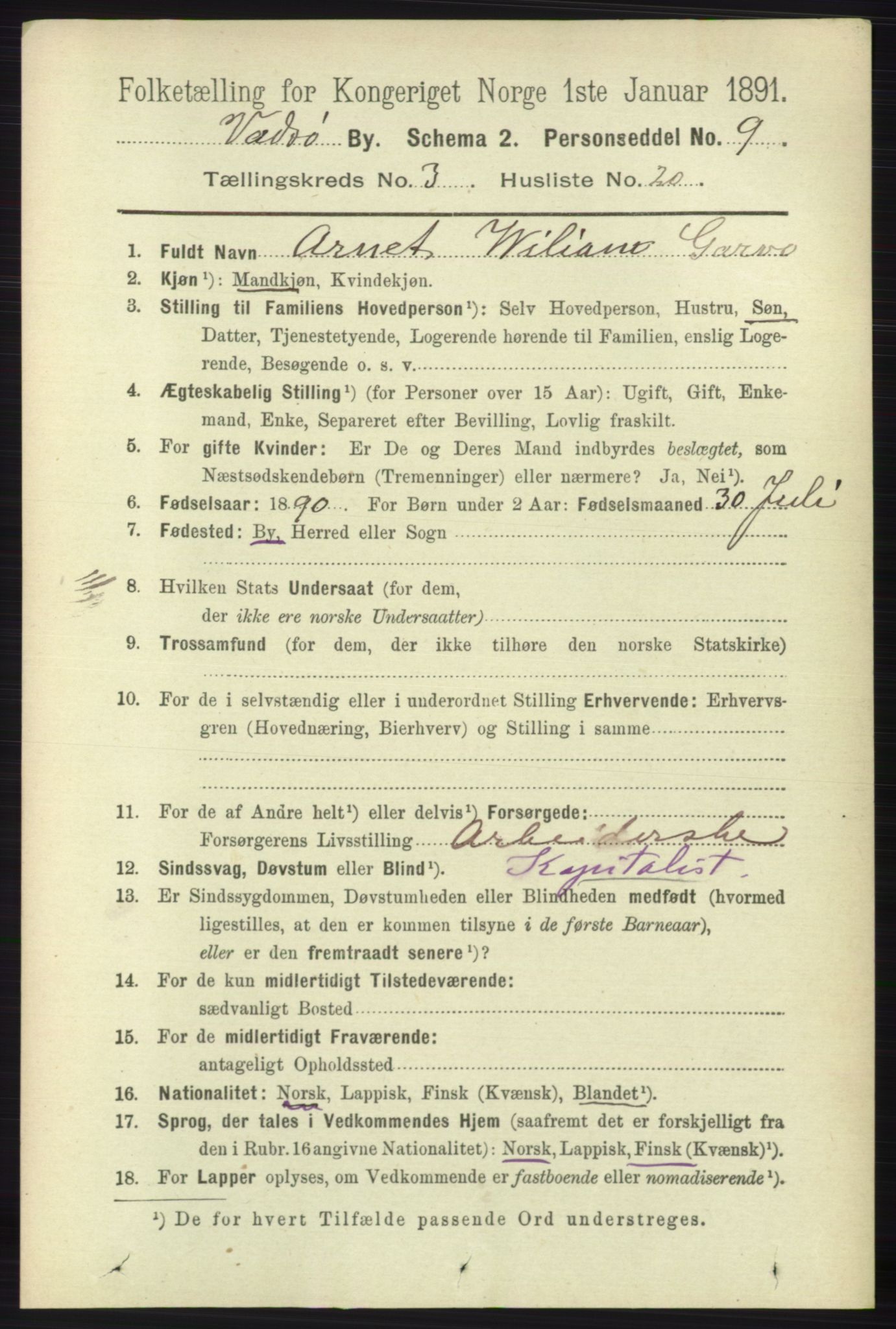 RA, 1891 census for 2003 Vadsø, 1891, p. 1899