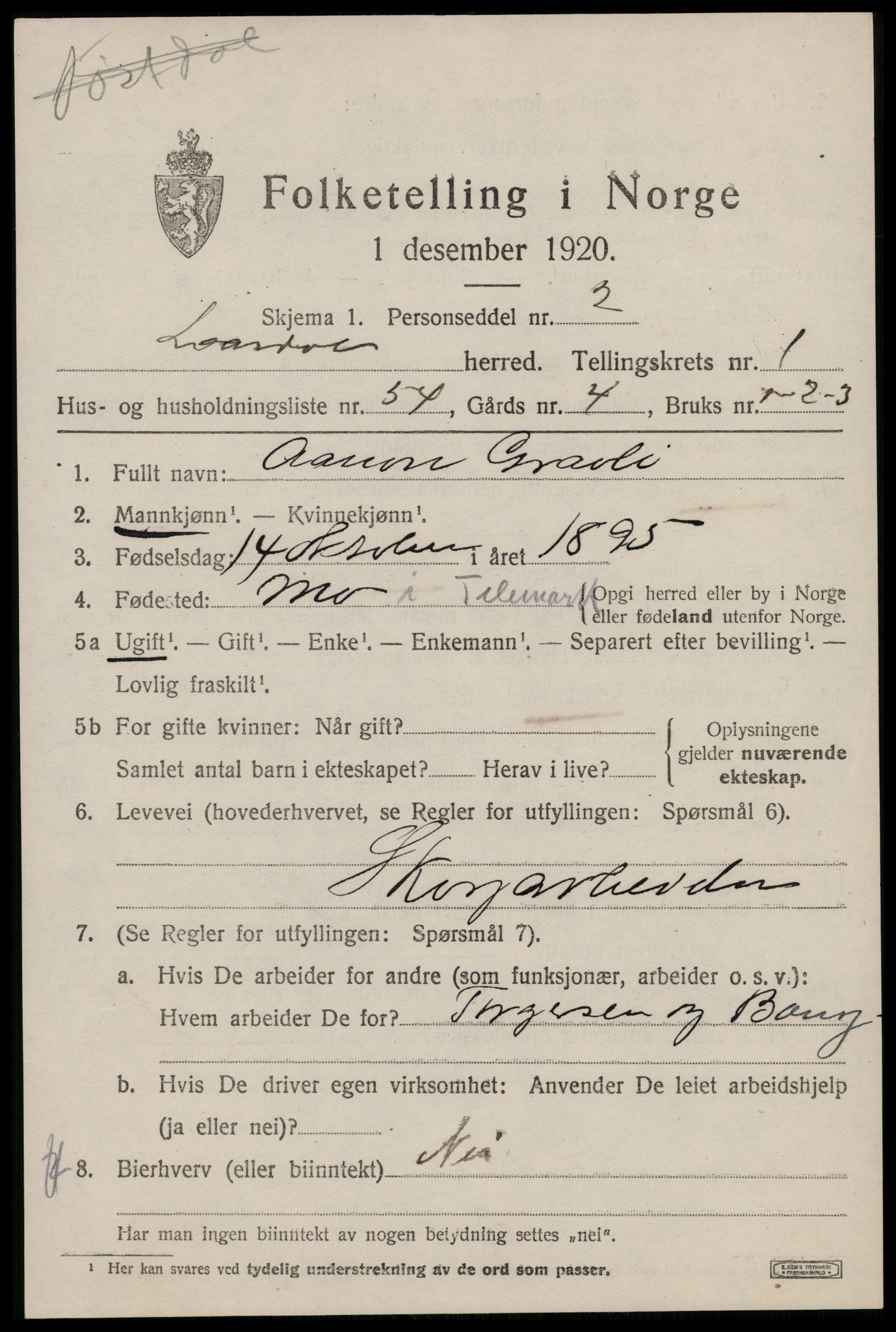 SAKO, 1920 census for Lårdal, 1920, p. 1193