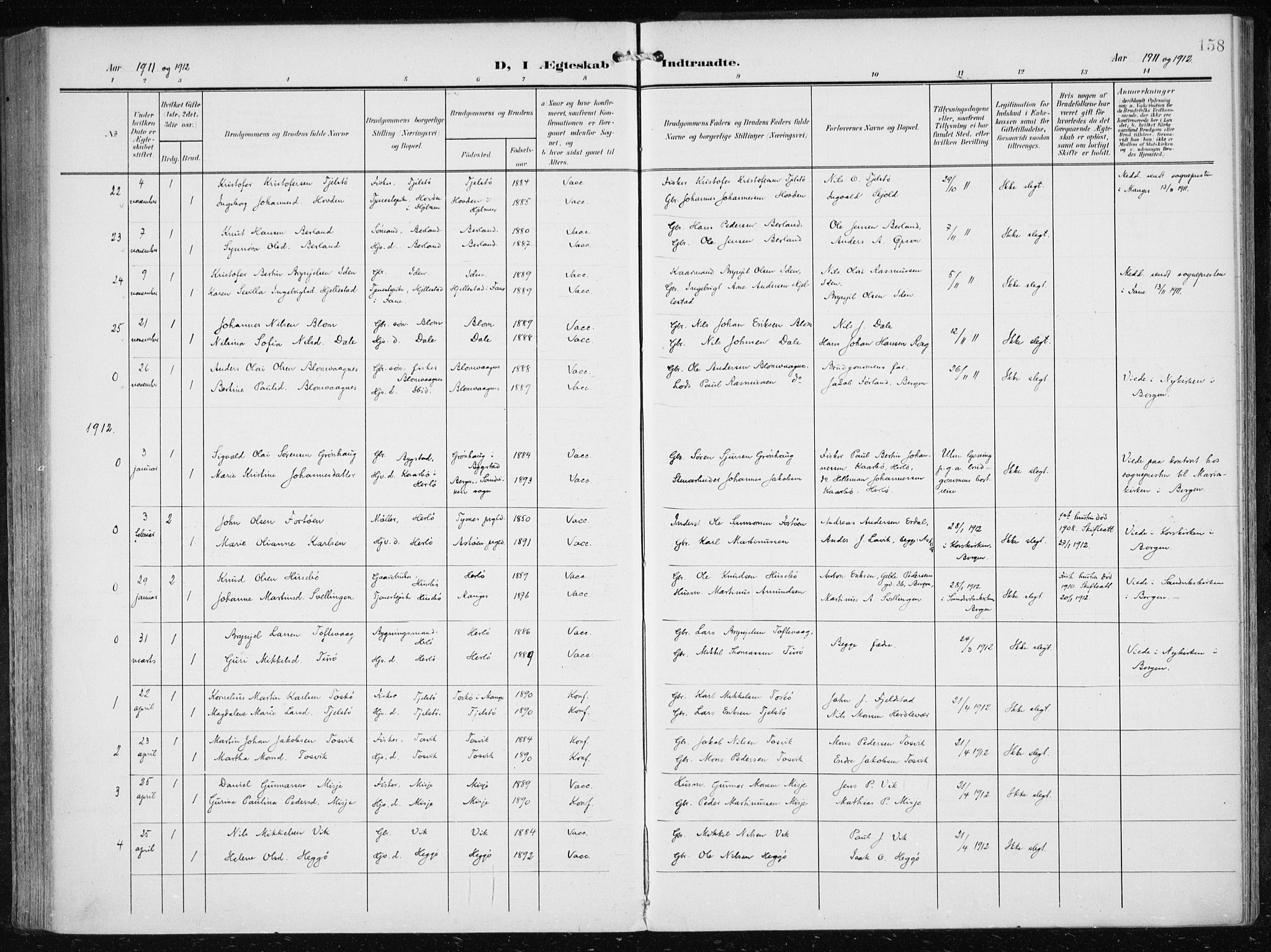 Herdla Sokneprestembete, SAB/A-75701/H/Haa: Parish register (official) no. A 5, 1905-1918, p. 158