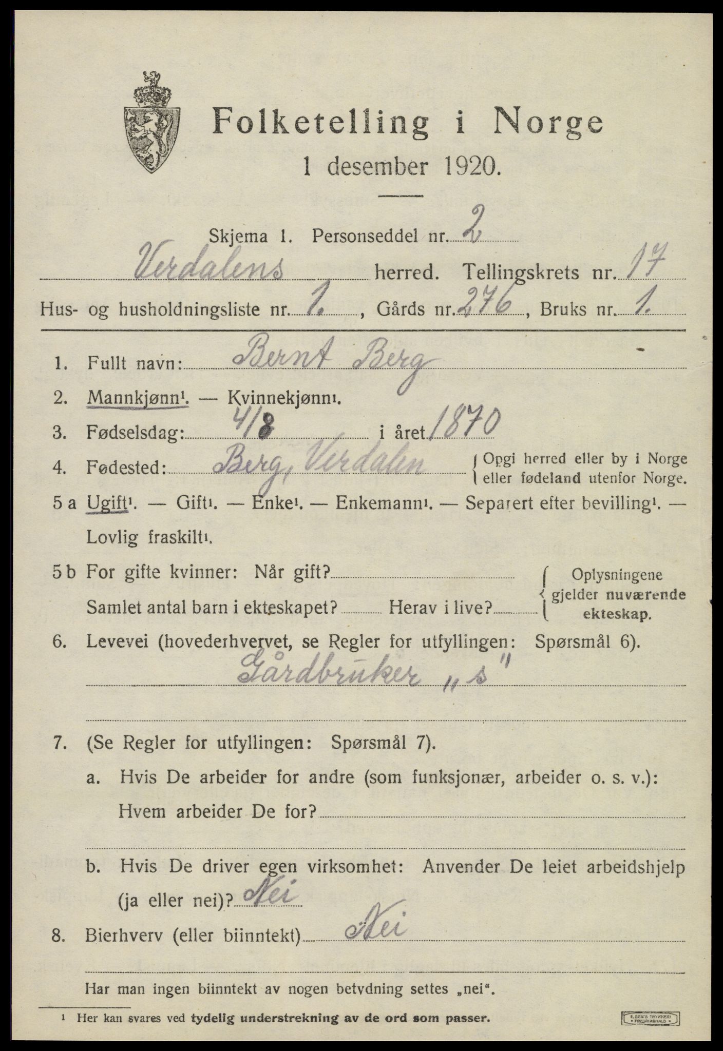 SAT, 1920 census for Verdal, 1920, p. 15553