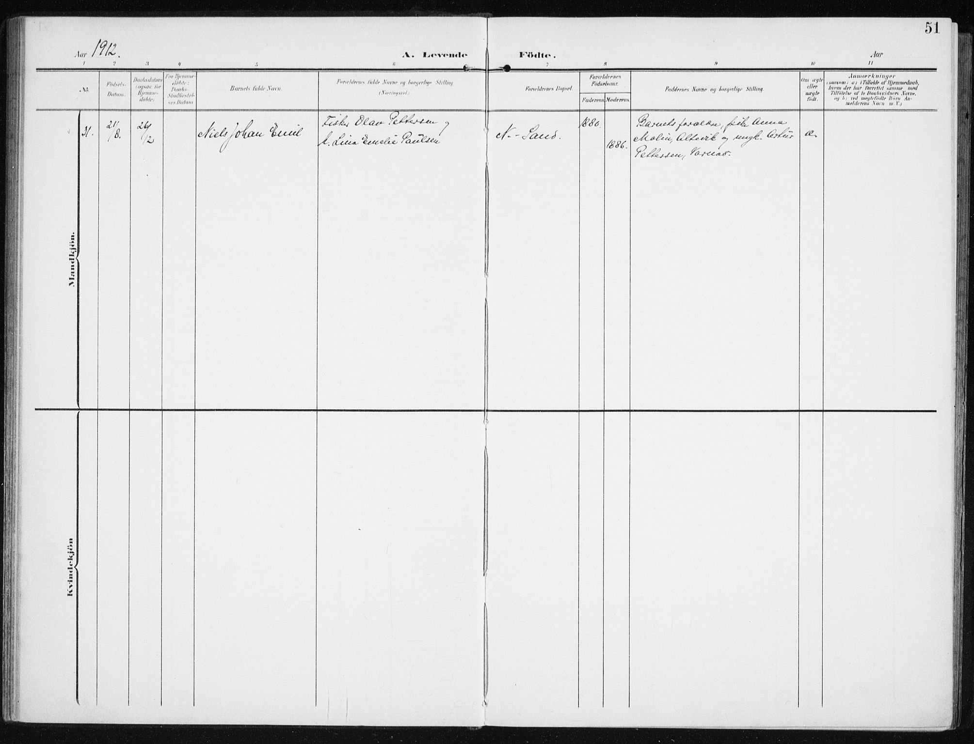 Sand/Bjarkøy sokneprestkontor, SATØ/S-0811/I/Ia/Iaa/L0005kirke: Parish register (official) no. 5, 1905-1914, p. 51