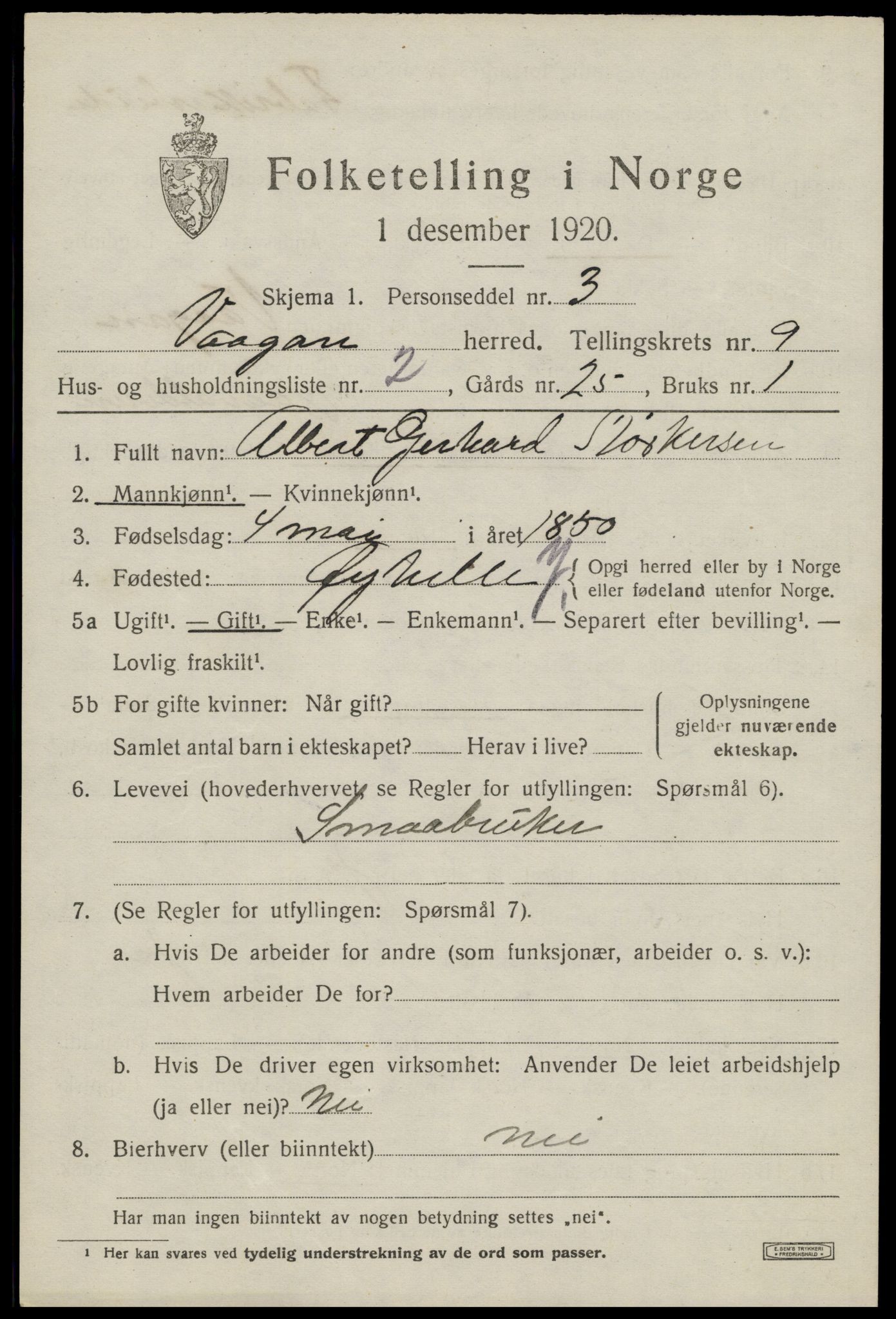 SAT, 1920 census for Vågan, 1920, p. 8115