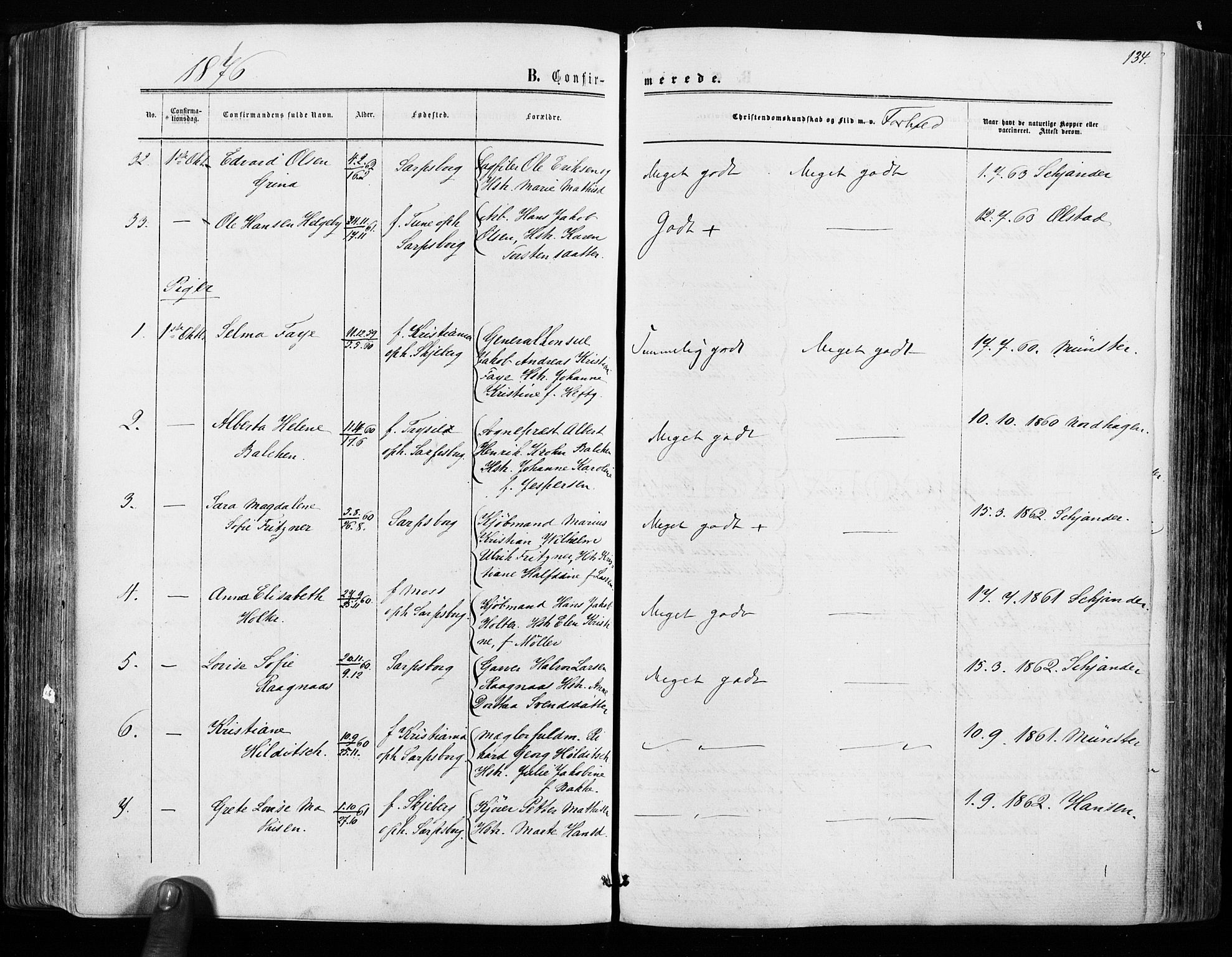 Sarpsborg prestekontor Kirkebøker, SAO/A-2006/F/Fa/L0002: Parish register (official) no. 2, 1869-1877, p. 134